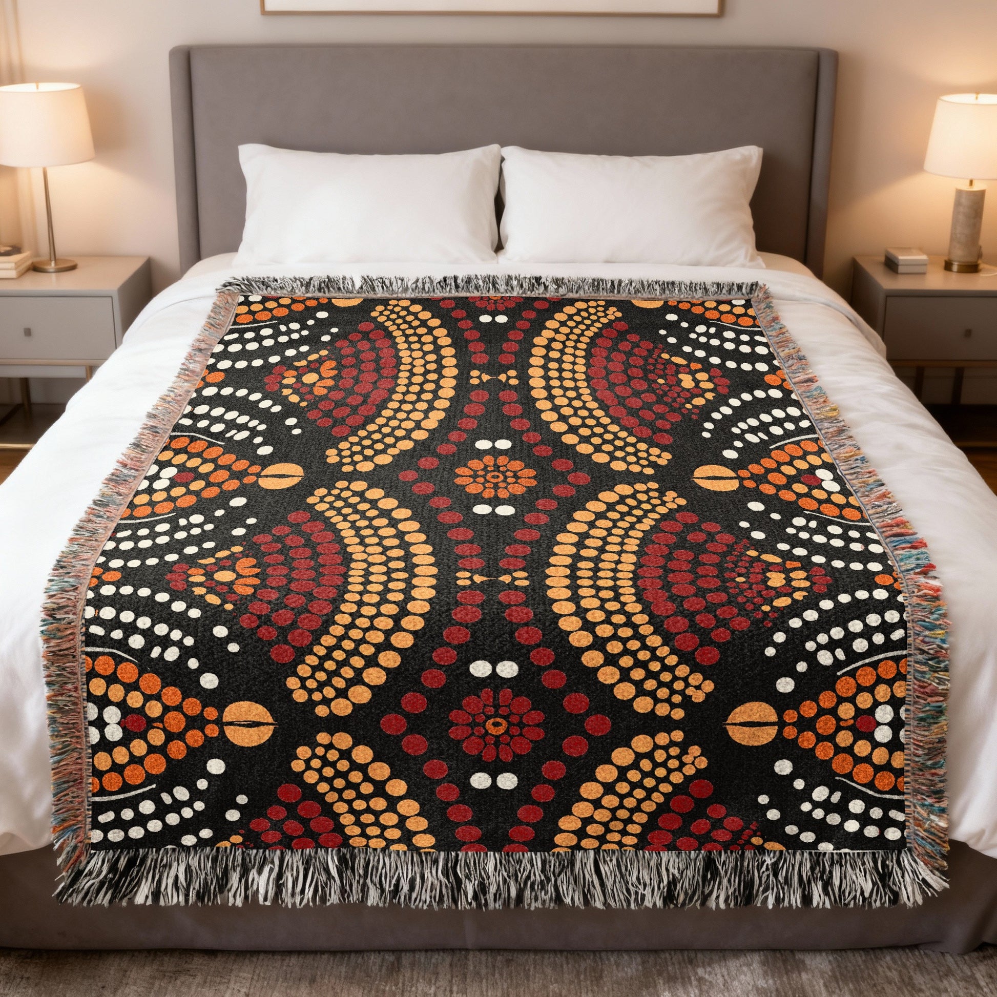 Black throw blanket with a red, orange, and white dotted pattern.