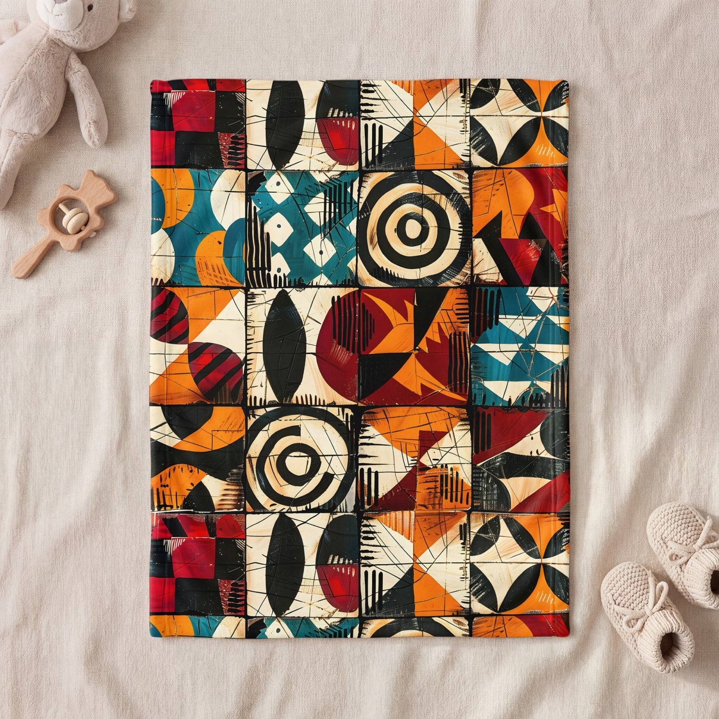 Close-up of a blanket with a vibrant abstract geometric pattern composed of squares.