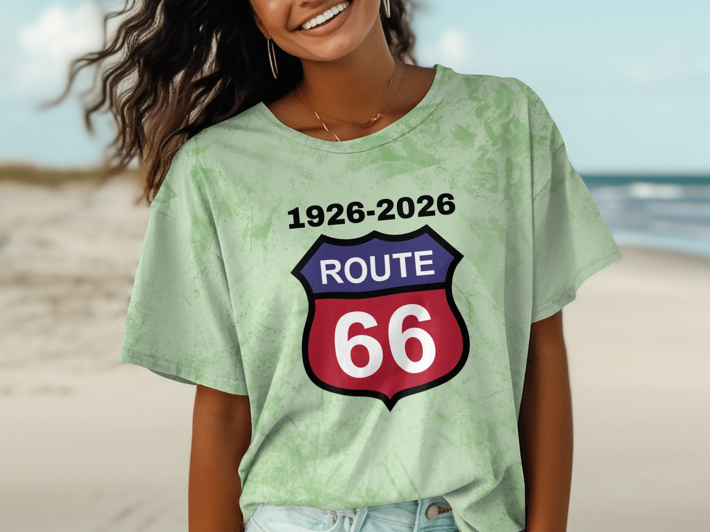 Green tie-dye t-shirt with Route 66 logo and dates 1926-2026.