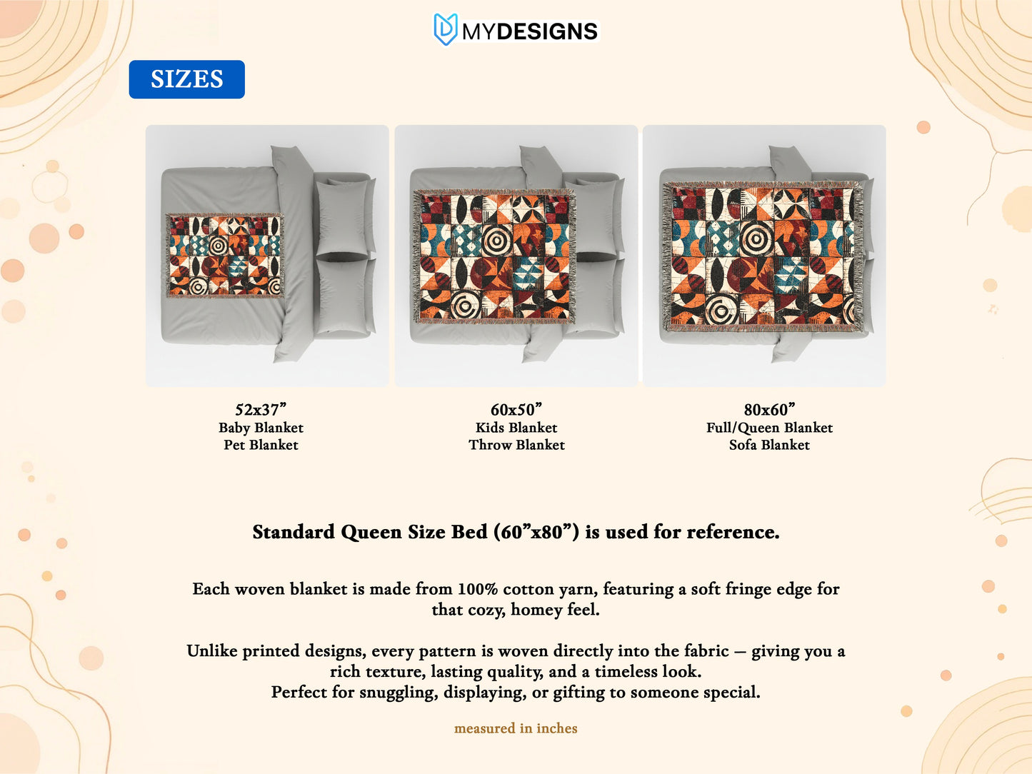 Woven blankets in three sizes and abstract geometric patterns shown on beds.