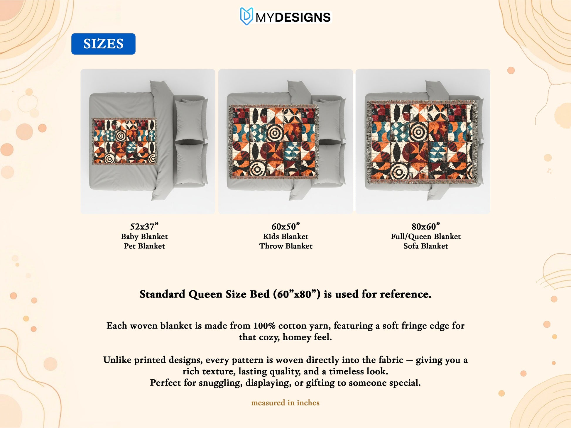 Woven blankets in three sizes and abstract geometric patterns shown on beds.