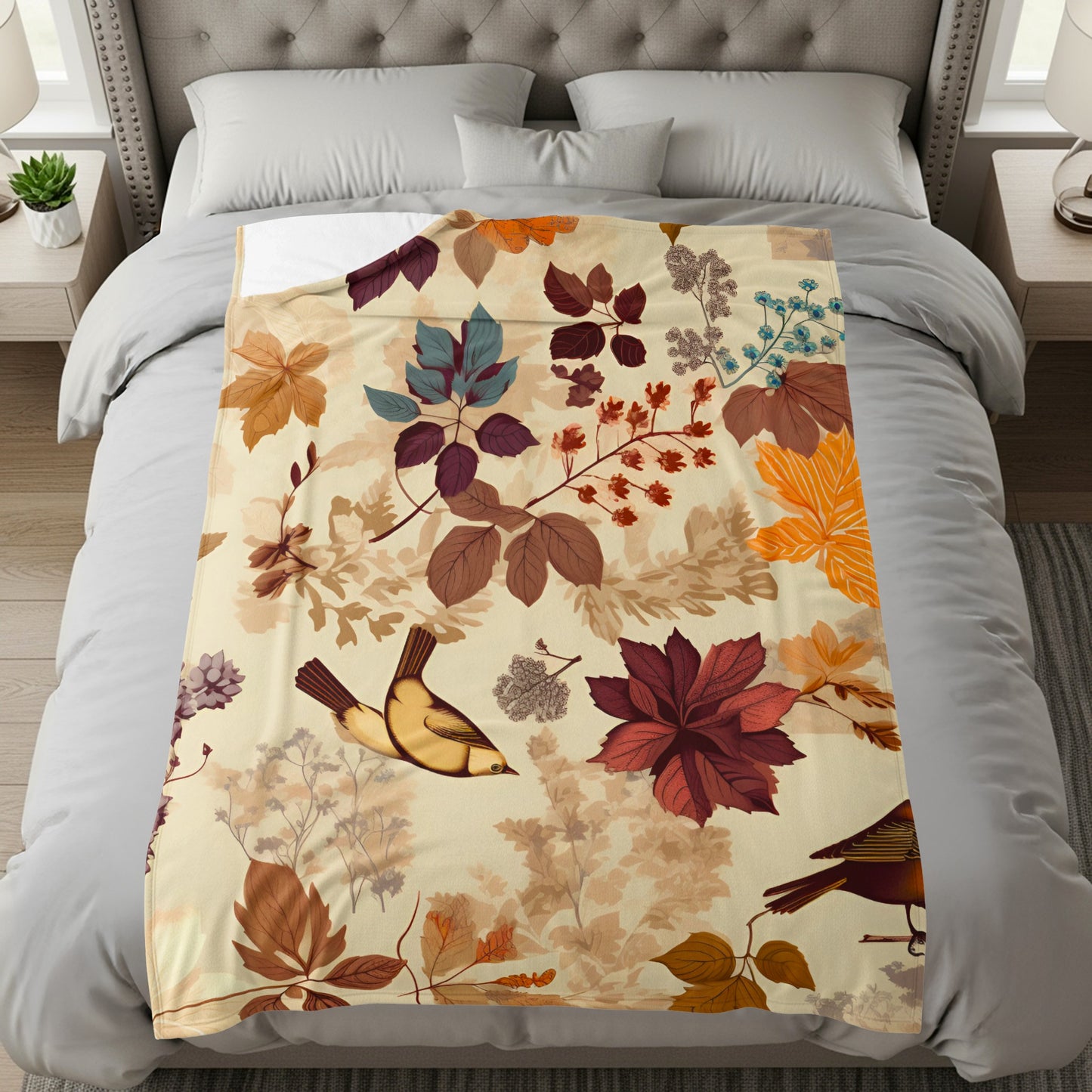 Vibrant Floral Autumn Birds Decorative Blanket