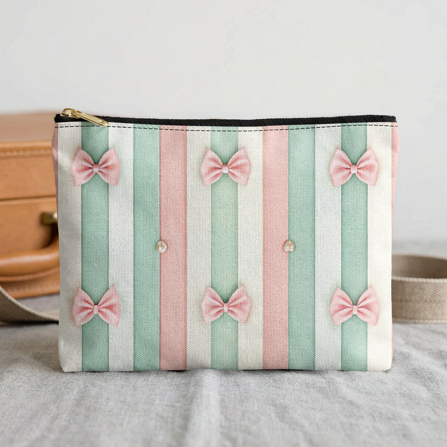 Cosmetic bag with pastel stripes and pink bows, on a textured background.