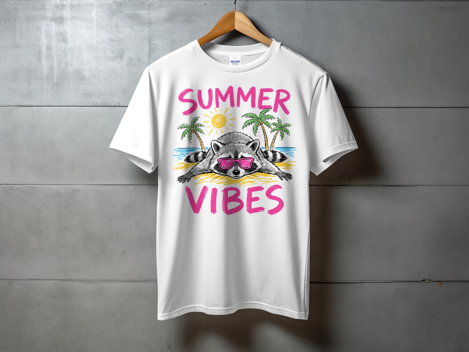 White t-shirt with raccoon wearing sunglasses and text "SUMMER VIBES".