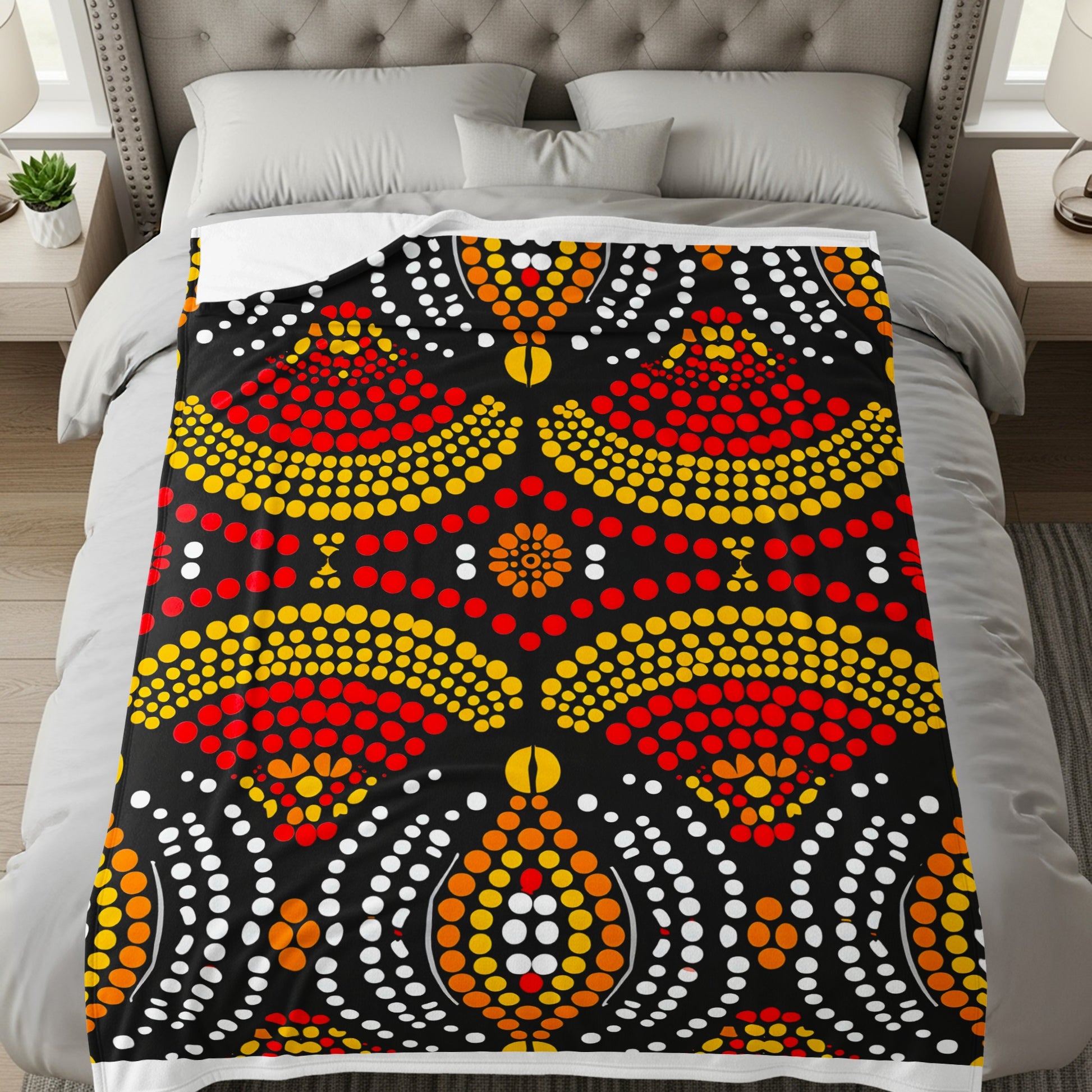 Black blanket with red, yellow, and white dot art pattern on a bed.