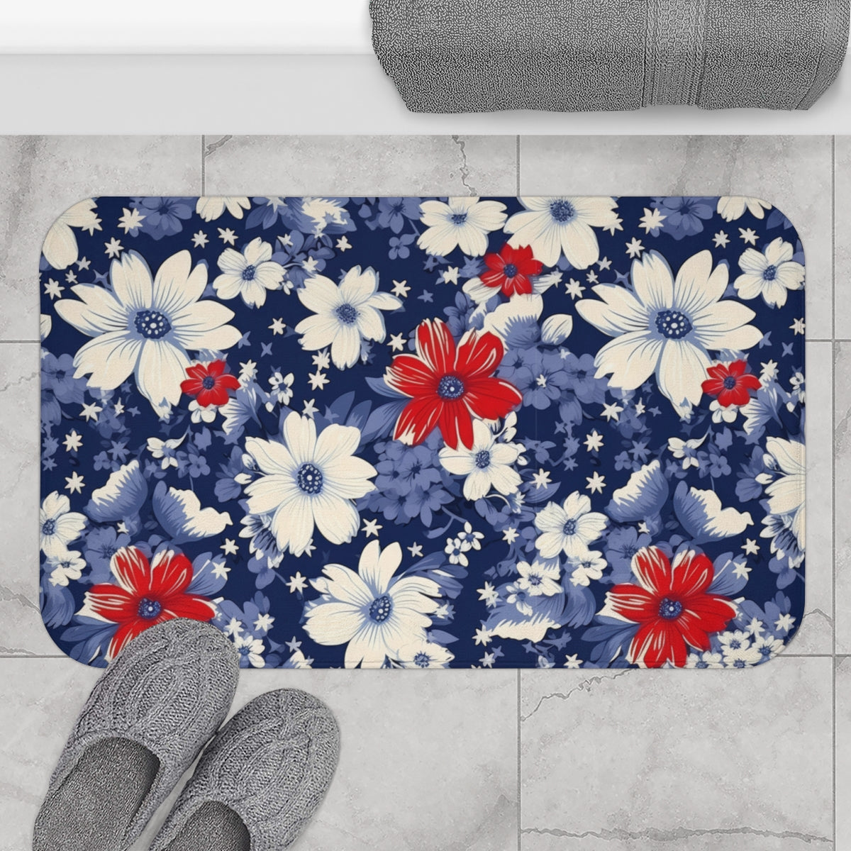 Floral Pattern in Blue White and Red Bath Mat