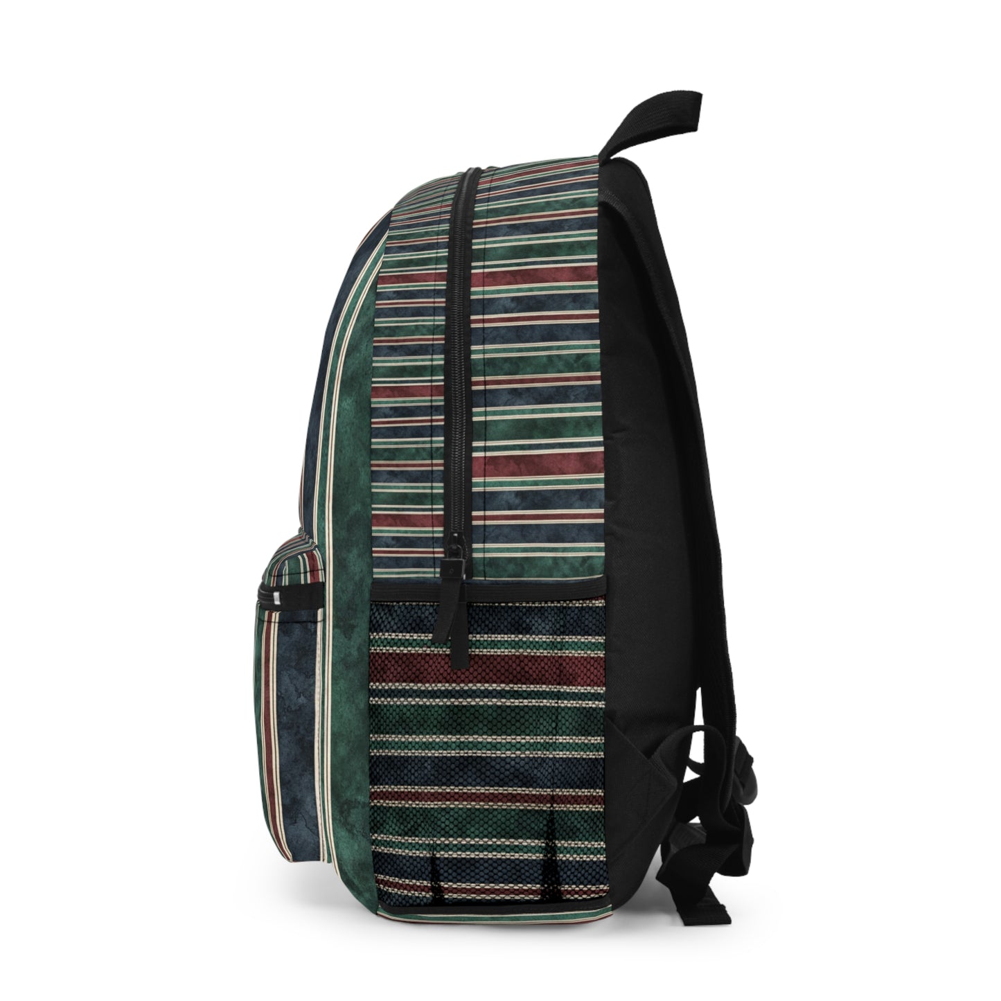 Backpack with horizontal stripes in green, blue, and burgundy on a white background.