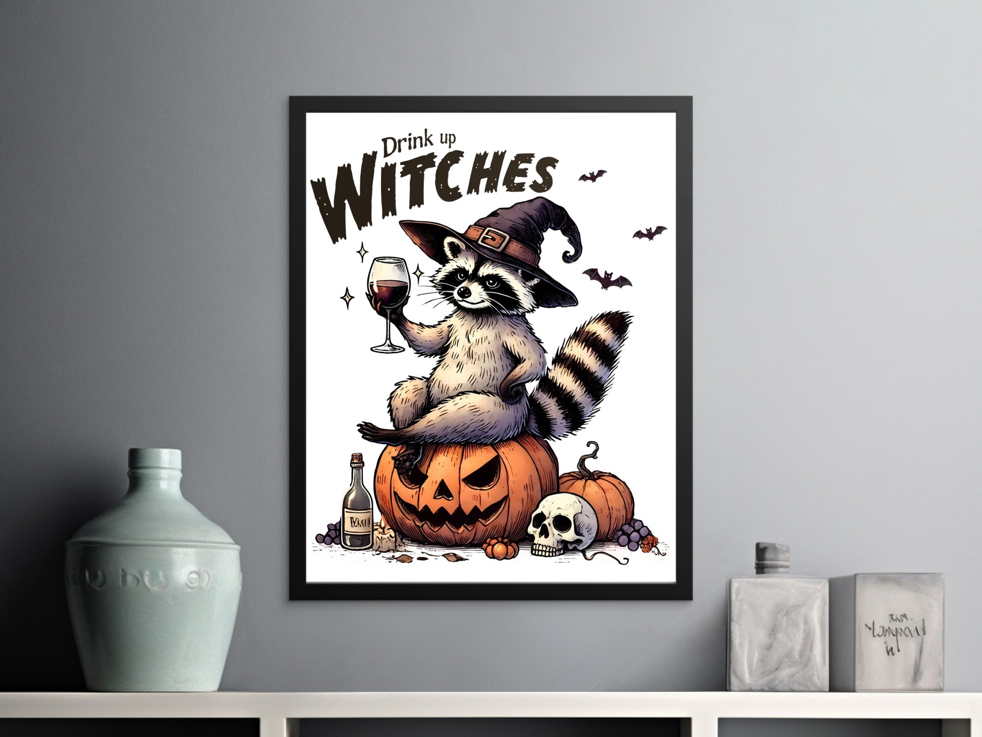 Halloween Raccoon Witch Drinking Wine Art Print product