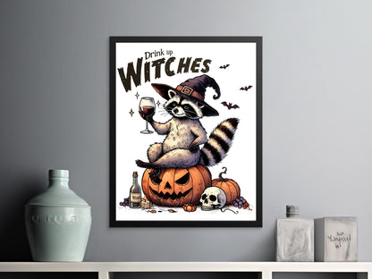 Halloween Raccoon Witch Drinking Wine Art Print product