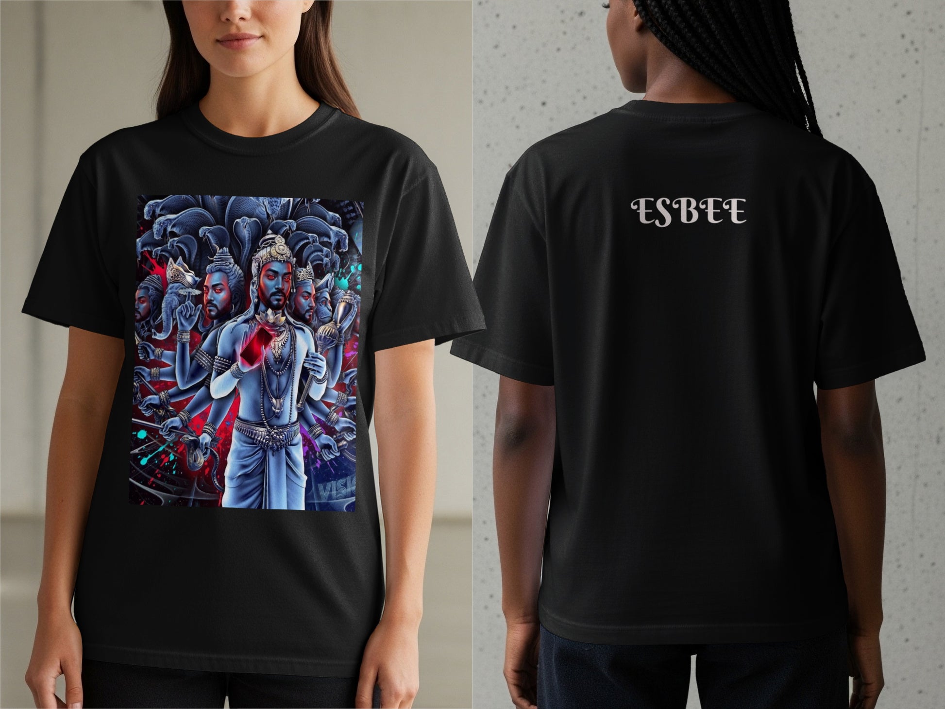 Black t-shirt with a graphic design on the front and "ESBEE" text on the back.