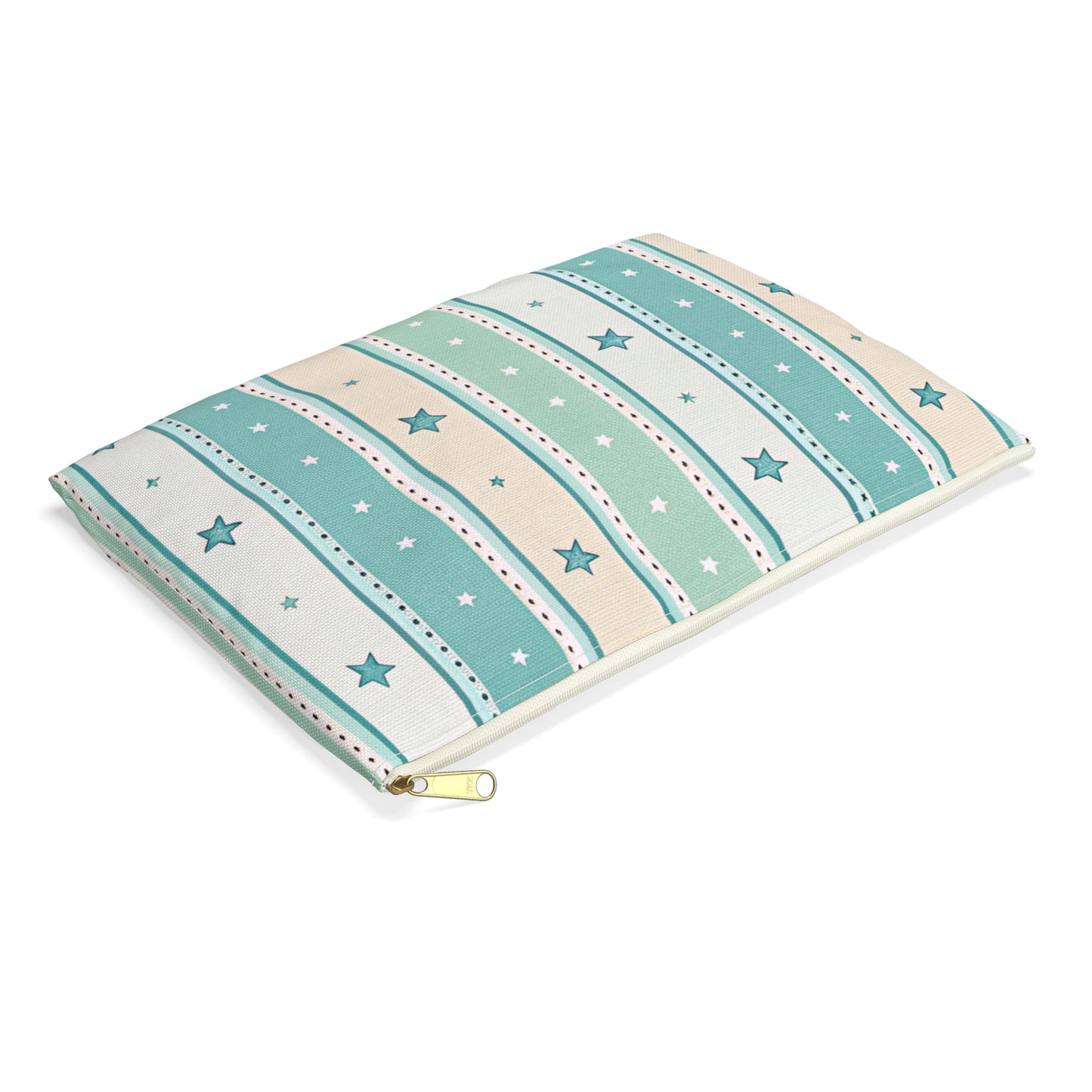 Pillow with a striped pattern of teal, cream, and blue stars.