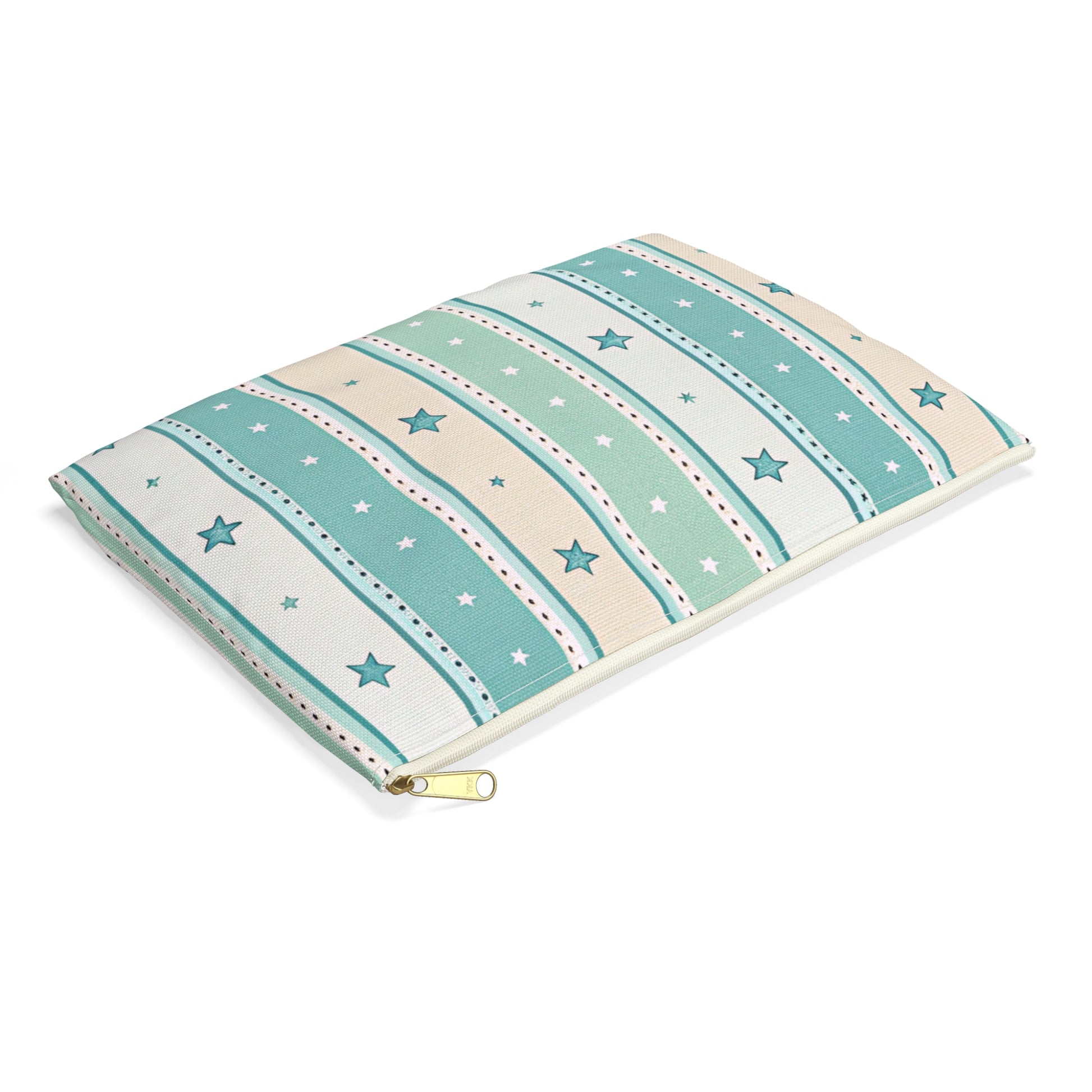 Pillow with a striped pattern of teal, cream, and blue stars.