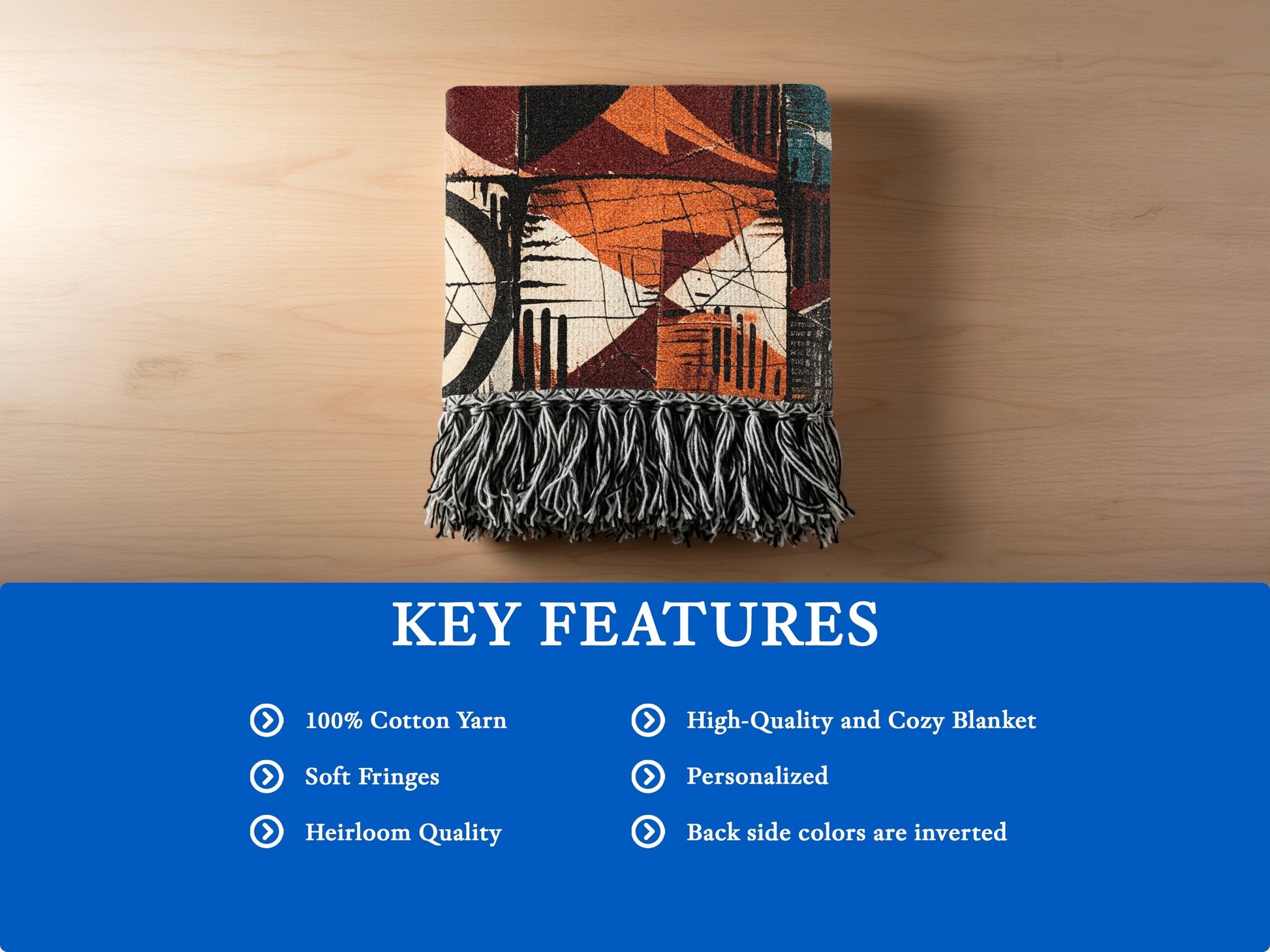 Abstract geometric patterned blanket with fringe, 100% cotton, personalized.