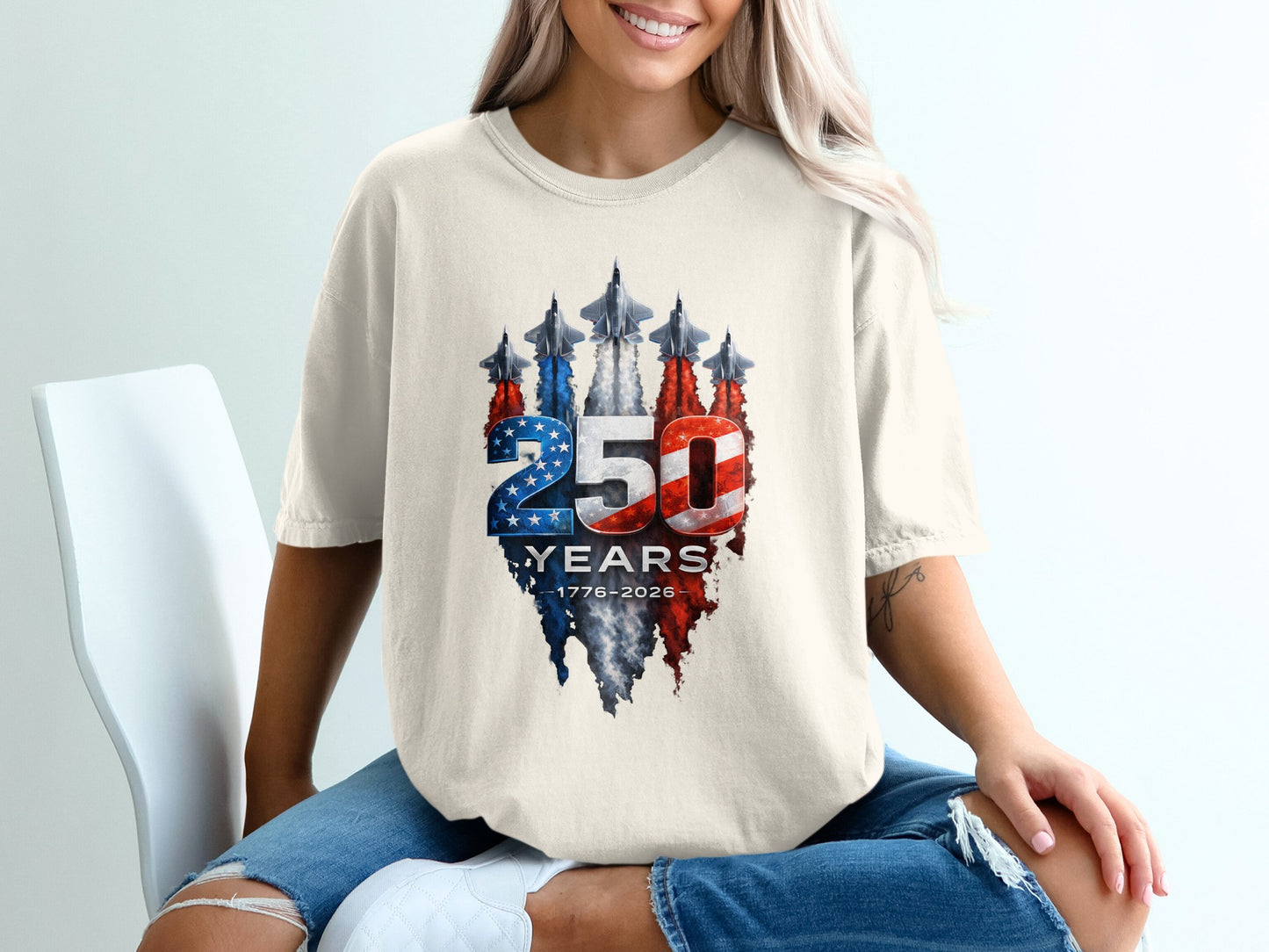 T-shirt with "250 Years 1776-2026" and fighter jets in patriotic colors.