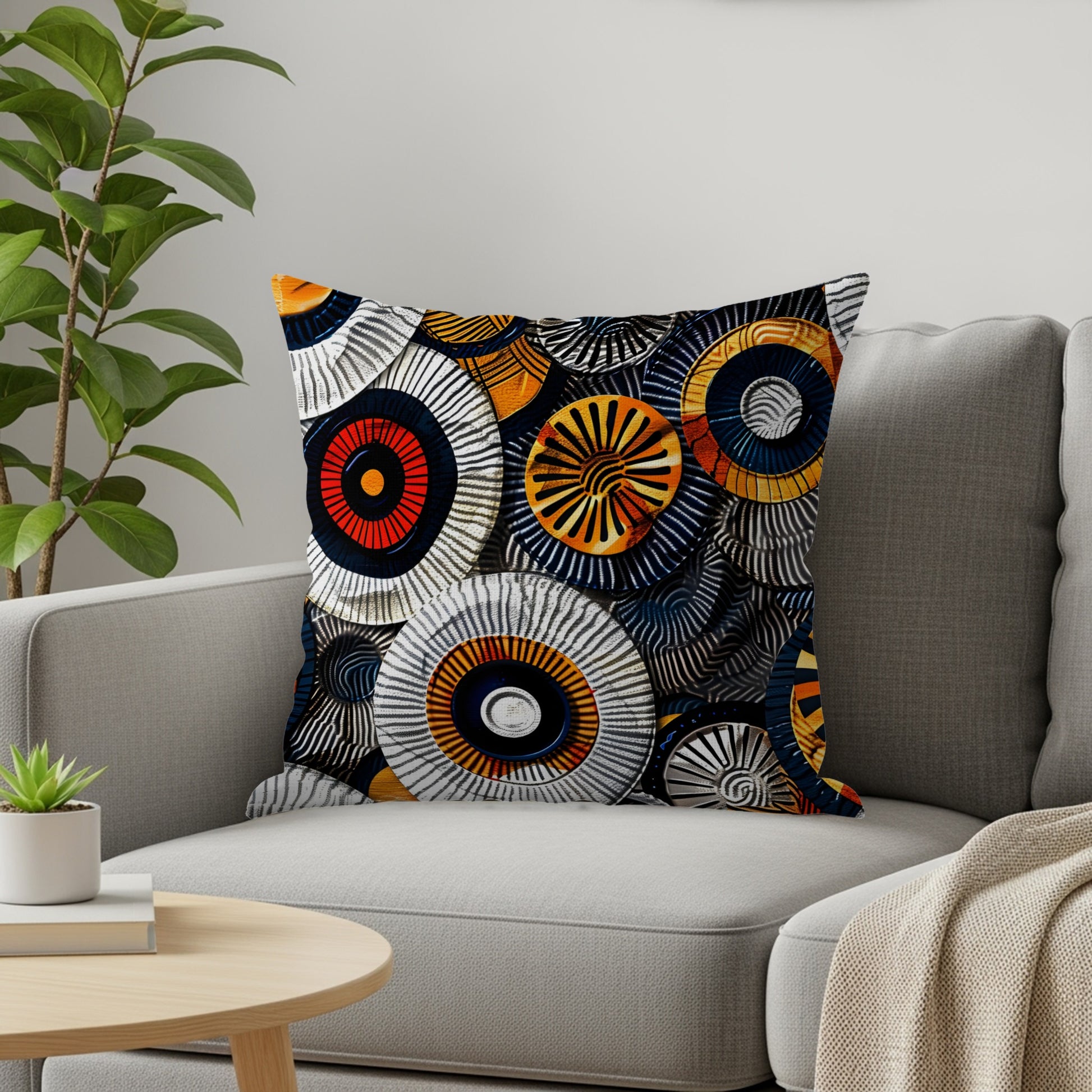 Throw pillow with a circular, abstract geometric pattern in blue, orange, and white.