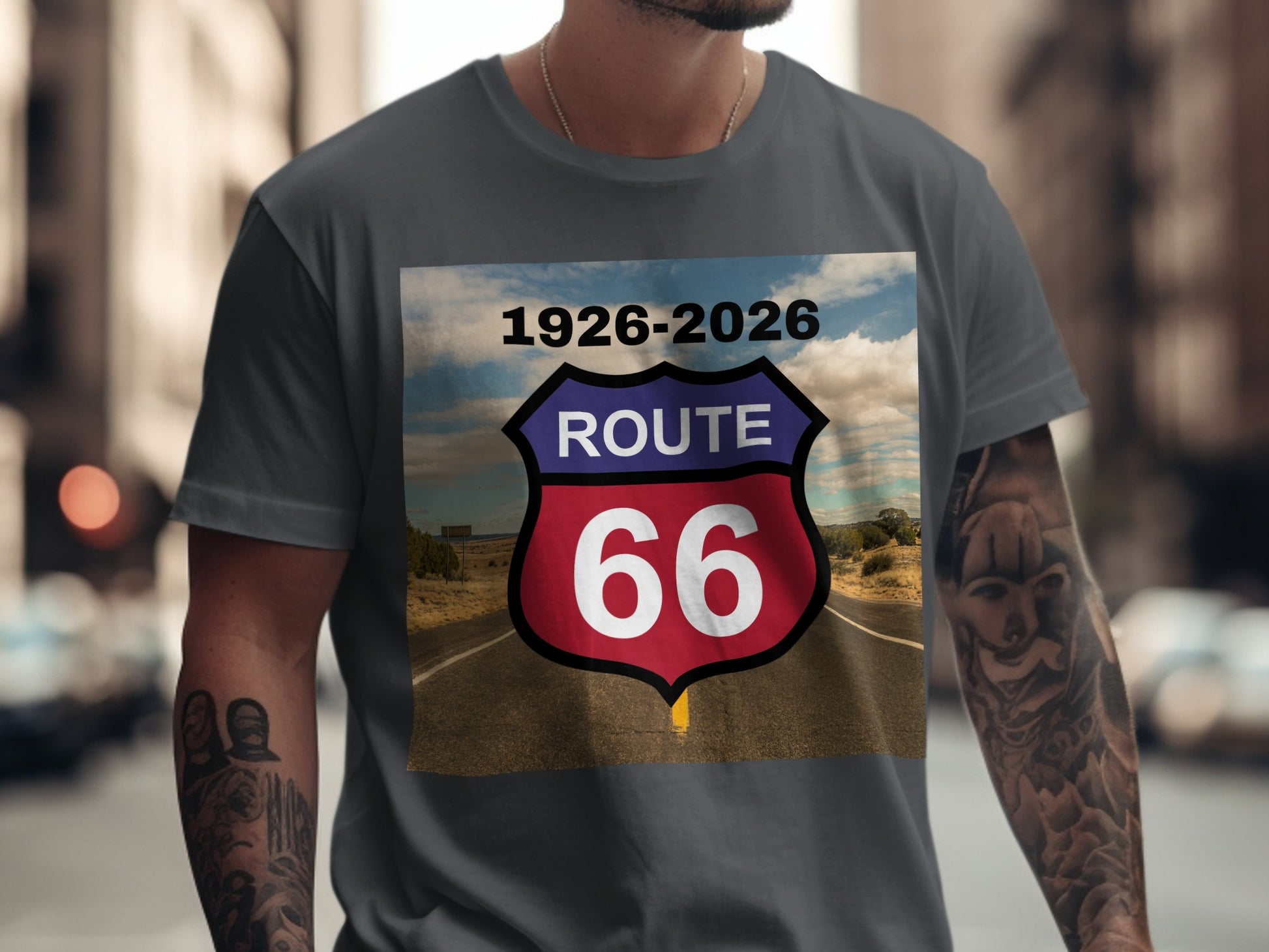 Route 66 shield with dates 1926-2026 on a t-shirt.