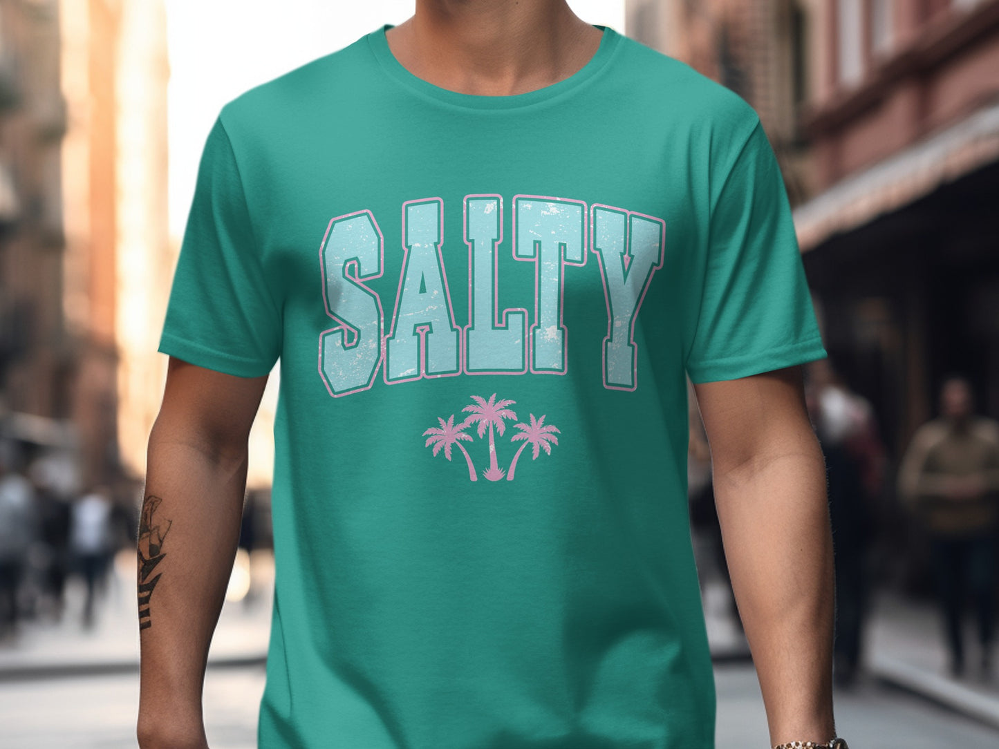 Teal t-shirt with "Salty" and palm trees graphic.