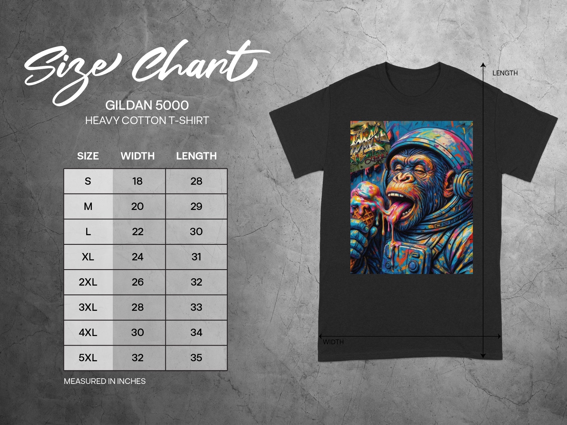 Gildan 5000 heavy cotton t-shirt size chart with measurements for width and length.