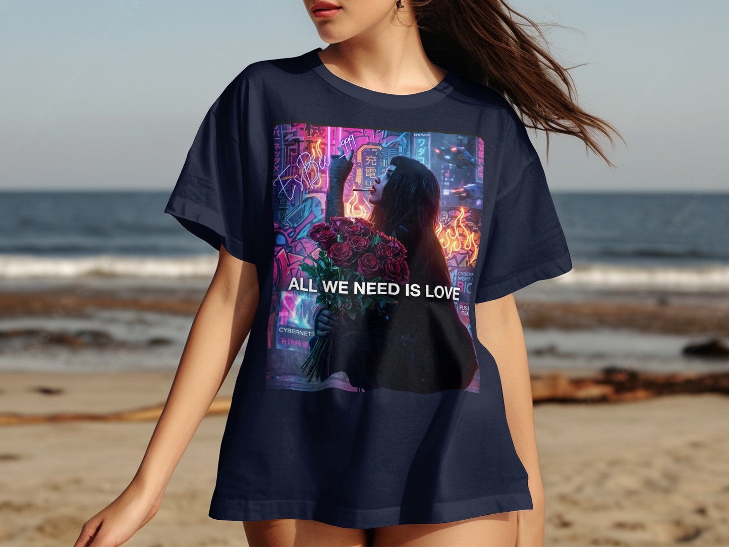 Navy t-shirt featuring a woman holding red roses with neon city lights and text.