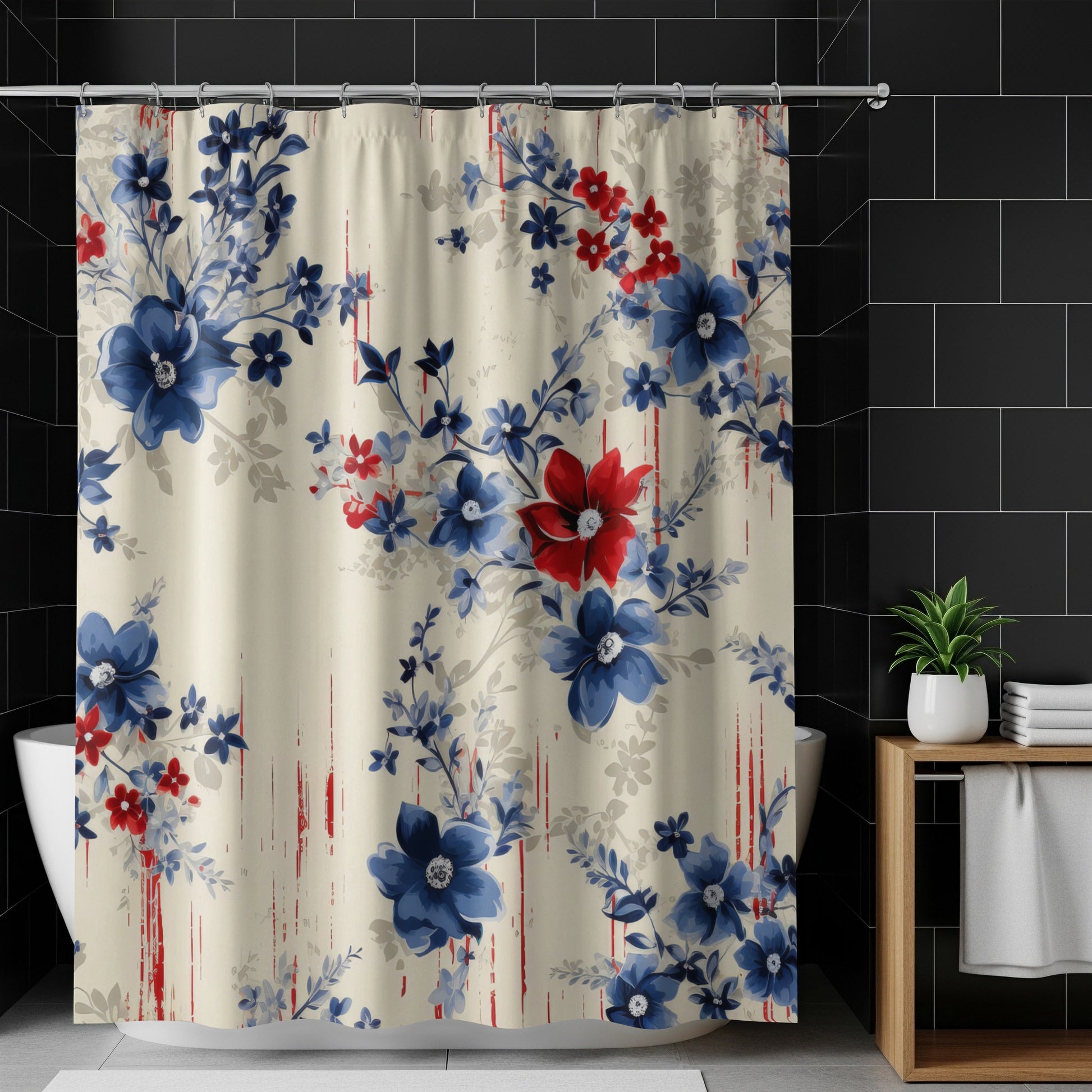 Blue and Red Floral Pattern Shower Curtain