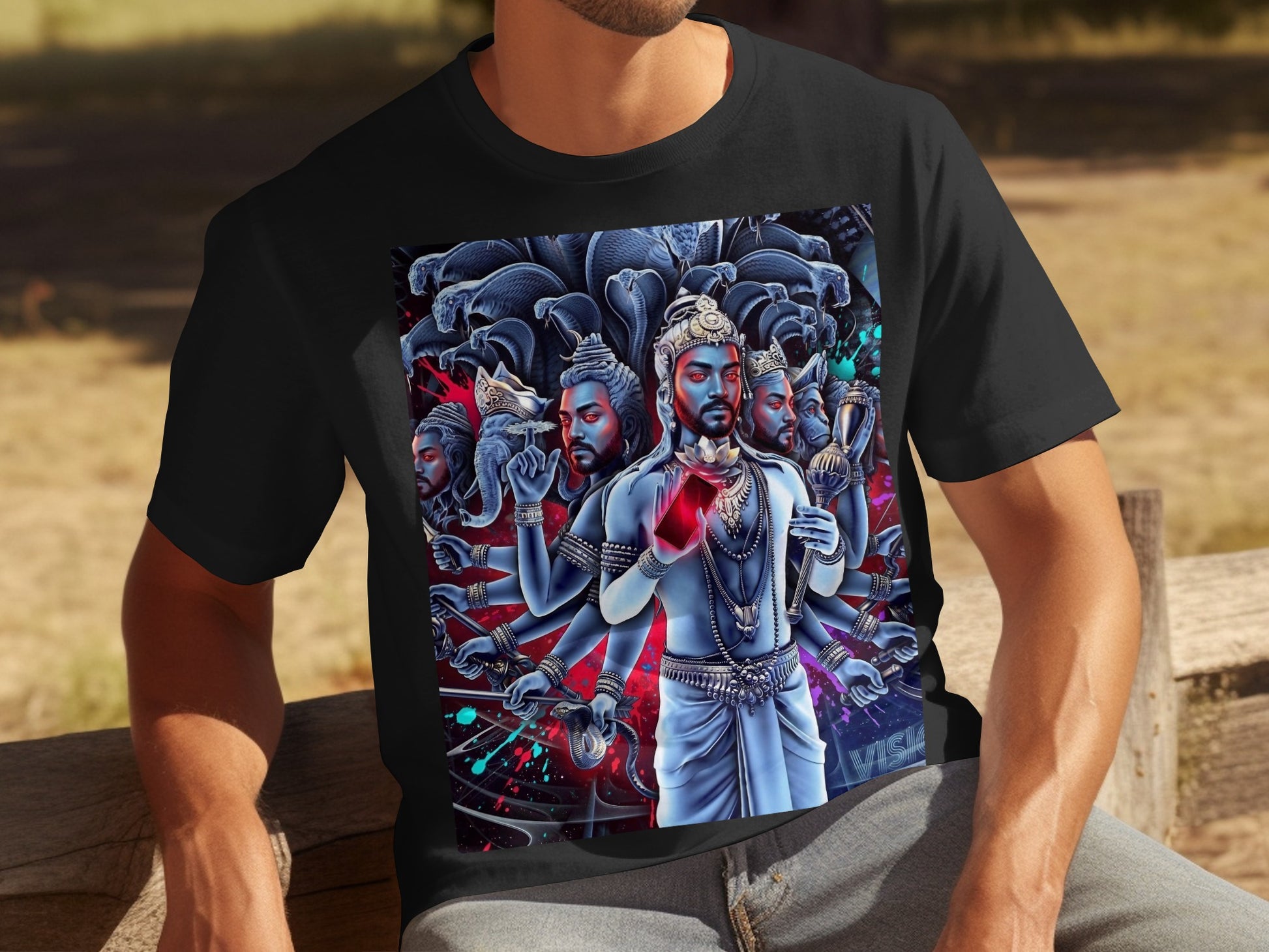 Black t-shirt featuring multi-armed Hindu deity Vishnu with snakes and red accent.