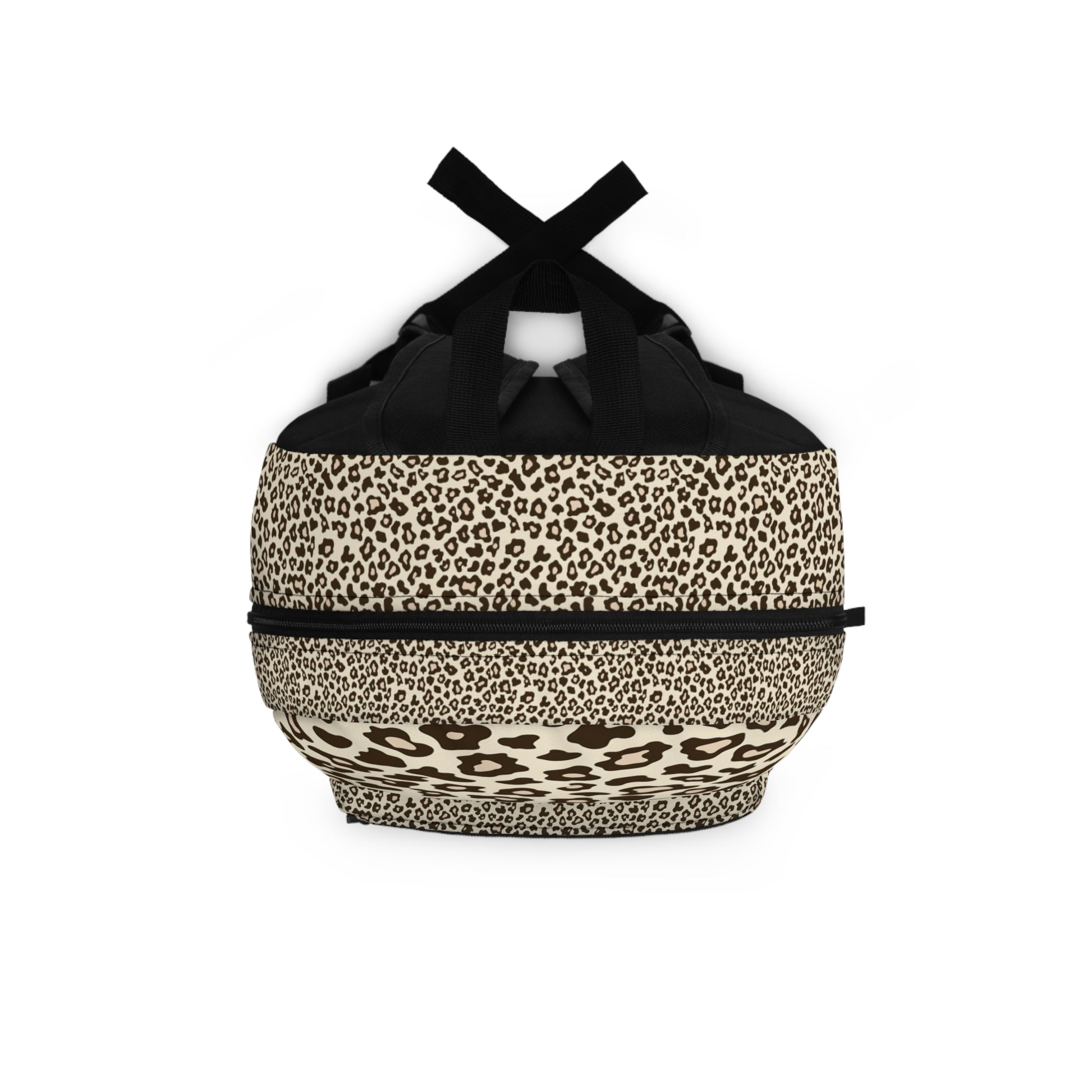 Black backpack with leopard print body and straps against a white background.