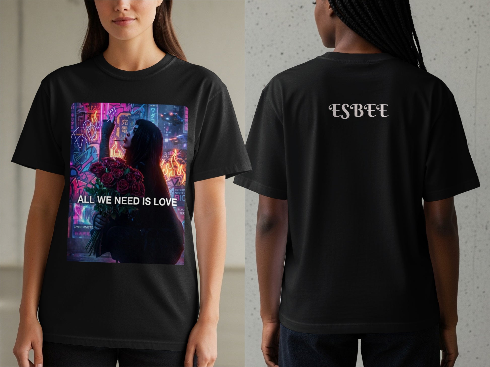 Black t-shirt with "ALL WE NEED IS LOVE" graphic and "ESBEE" logo.