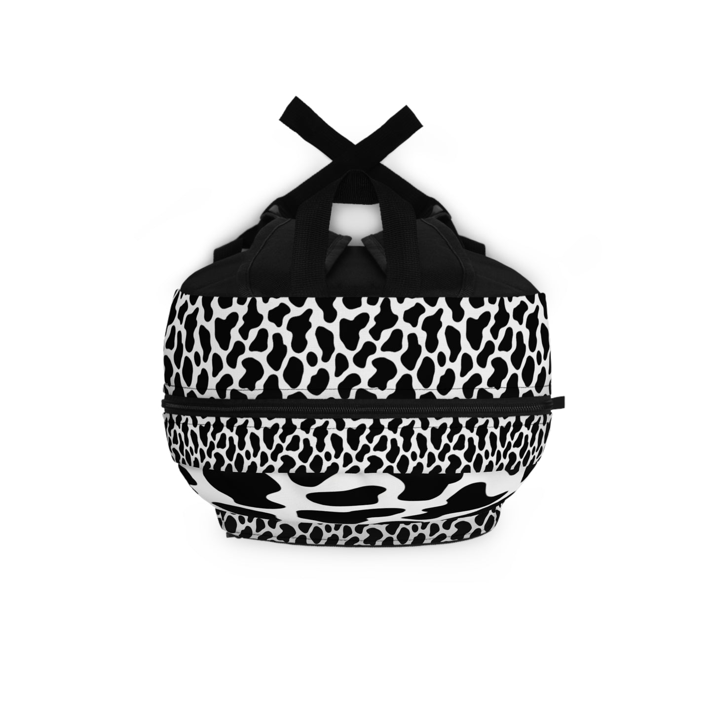 Black backpack with white and black cow print pattern.