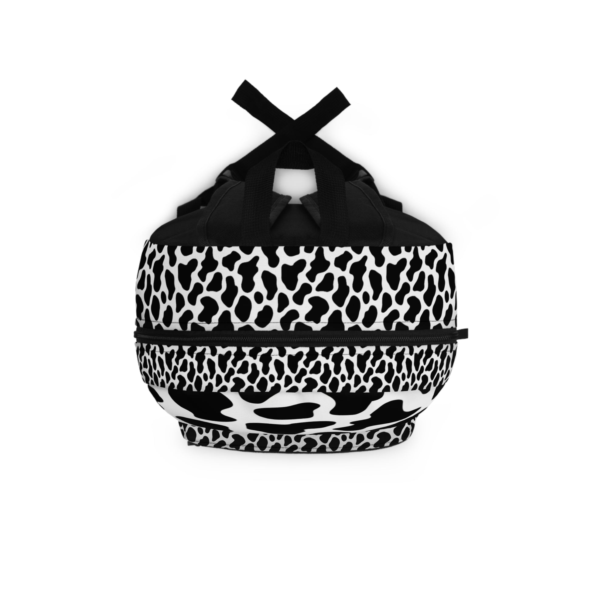 Black backpack with white and black cow print pattern.