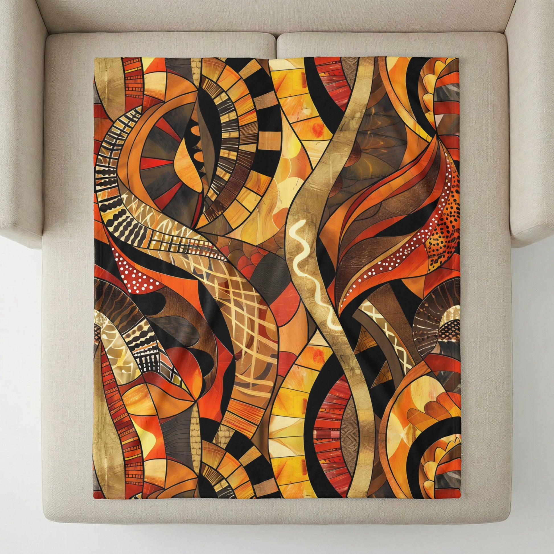 Abstract mosaic pattern in warm colors on a throw blanket draped on a sofa.