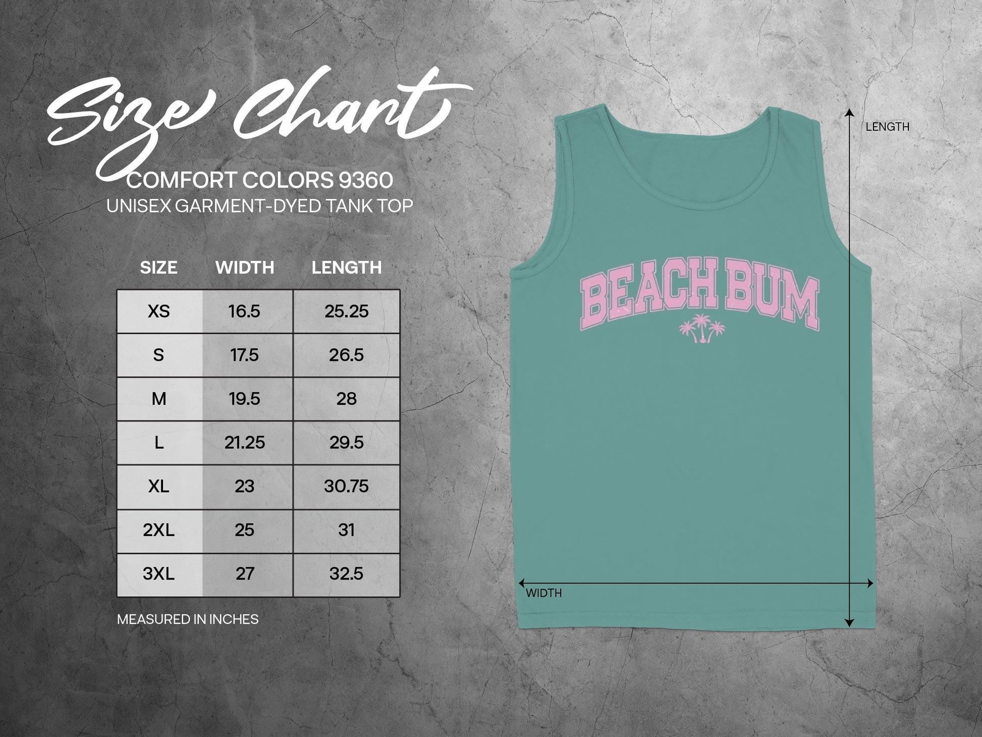 Size chart for unisex tank top with "Beach Bum" graphic.