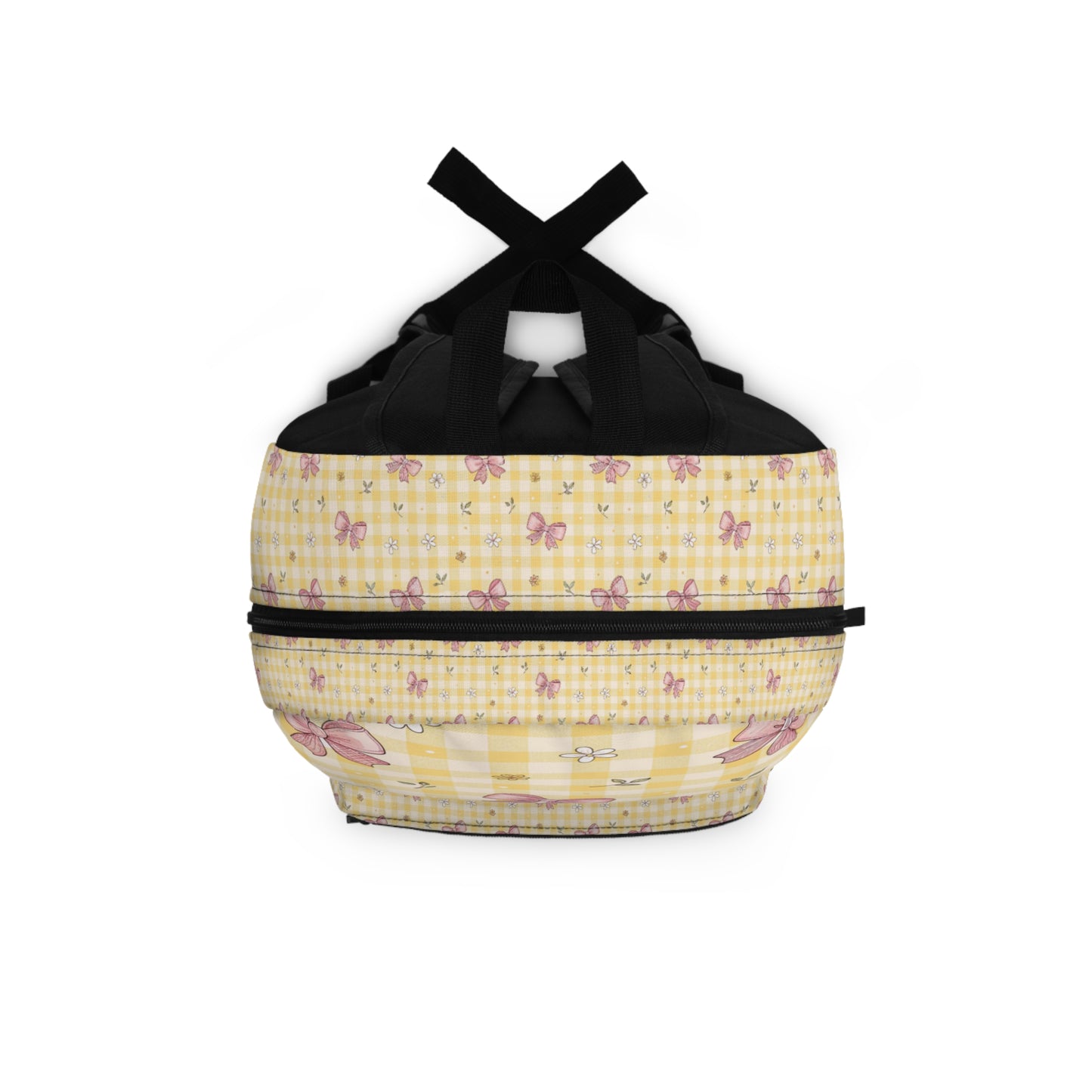 Yellow gingham backpack with pink bows and floral print.