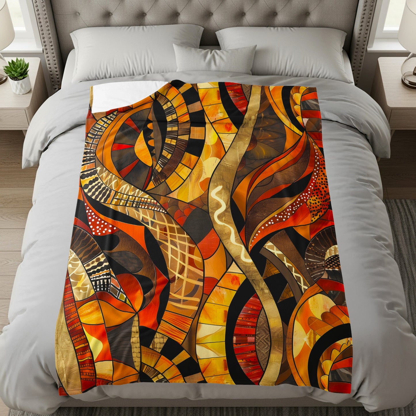 Abstract patterned throw blanket with warm colors on a bed.