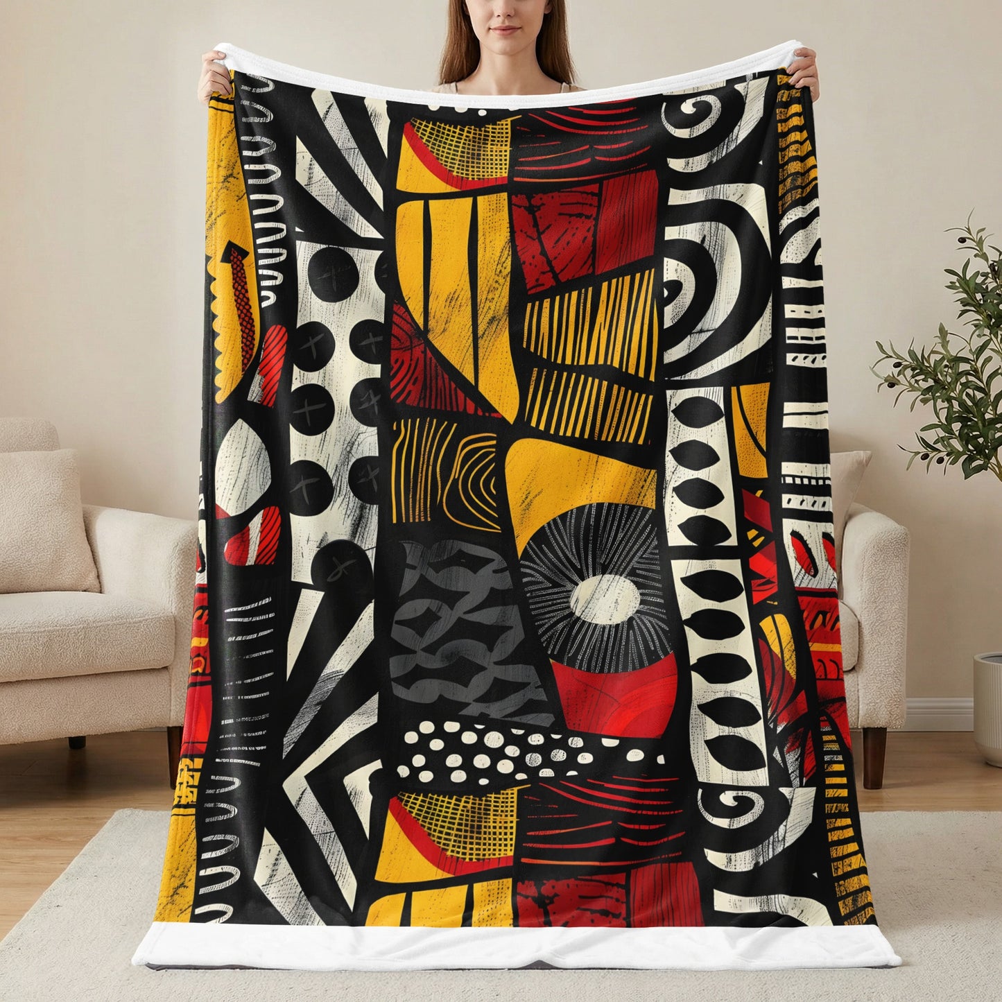 Throw blanket with abstract black, yellow, and red geometric patchwork patterns.