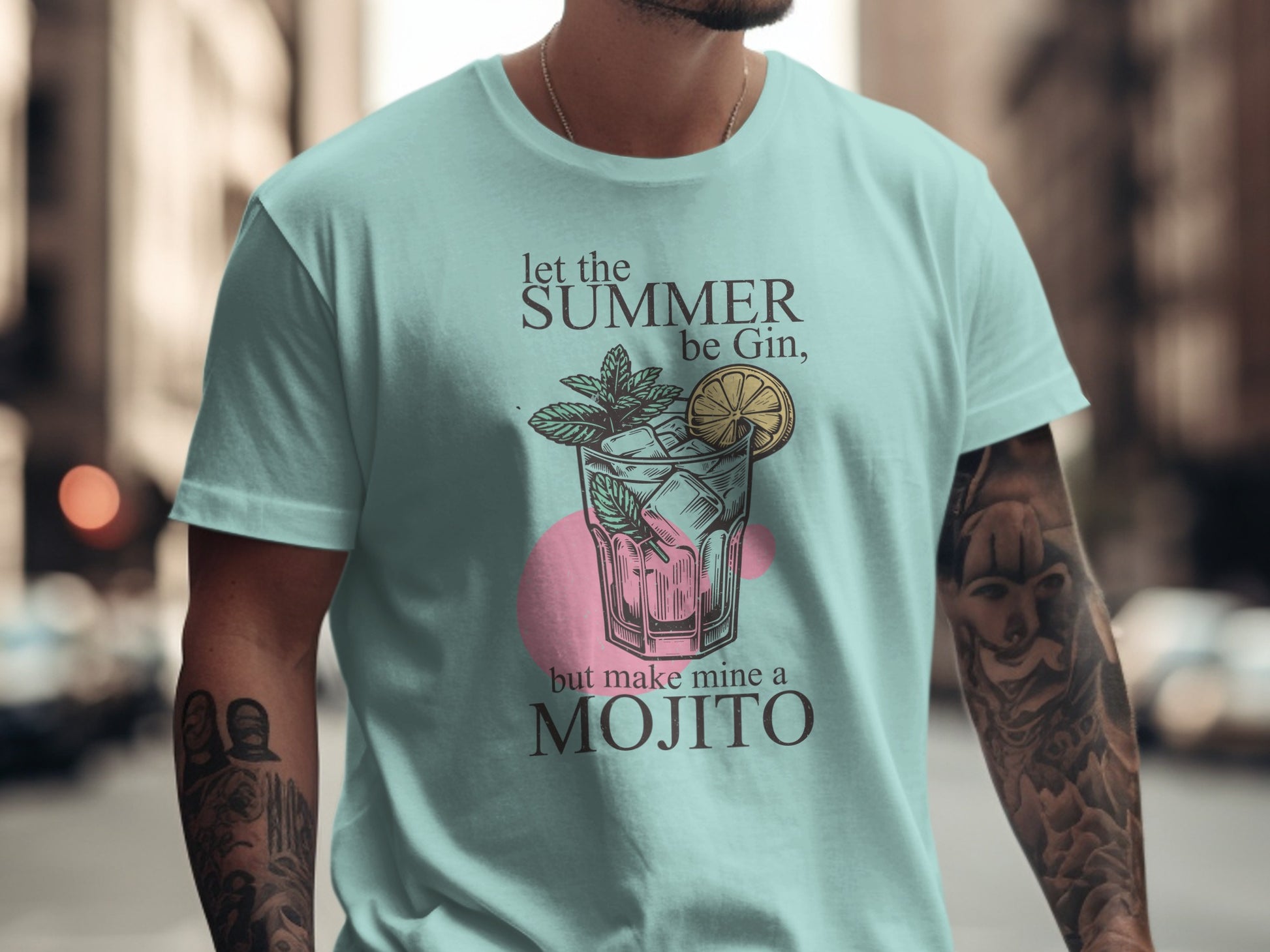 Light blue t-shirt with "Let the Summer be Gin, but make mine a Mojito" graphic.