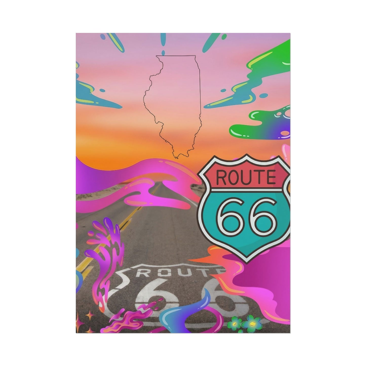 Route 66 sign with Illinois outline and colorful abstract design elements.