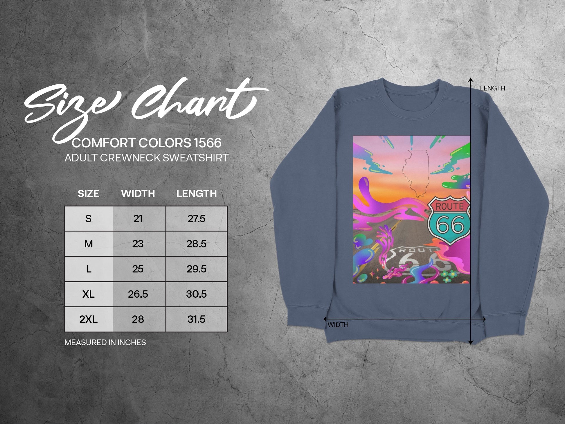 Adult crewneck sweatshirt size chart with measurements for size, width, and length.