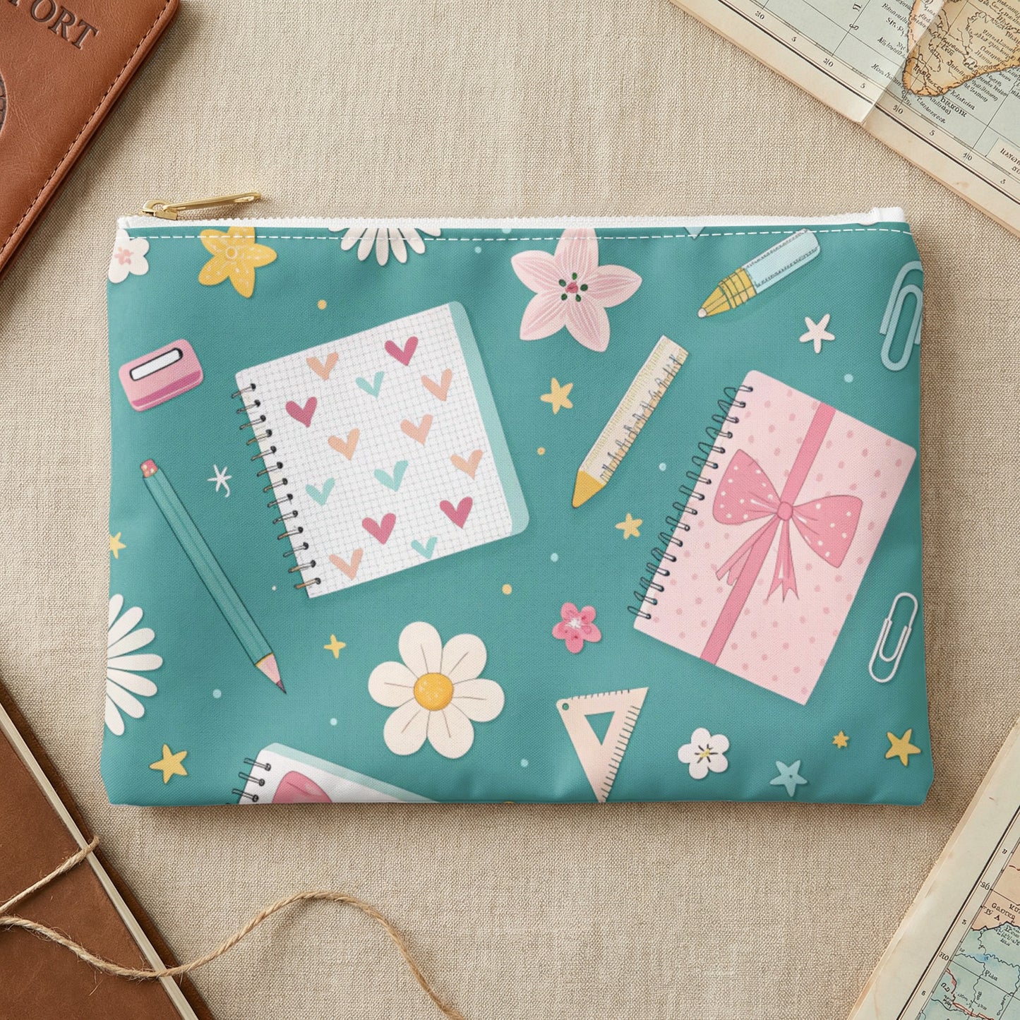 Teal pouch with playful school supplies and floral print.