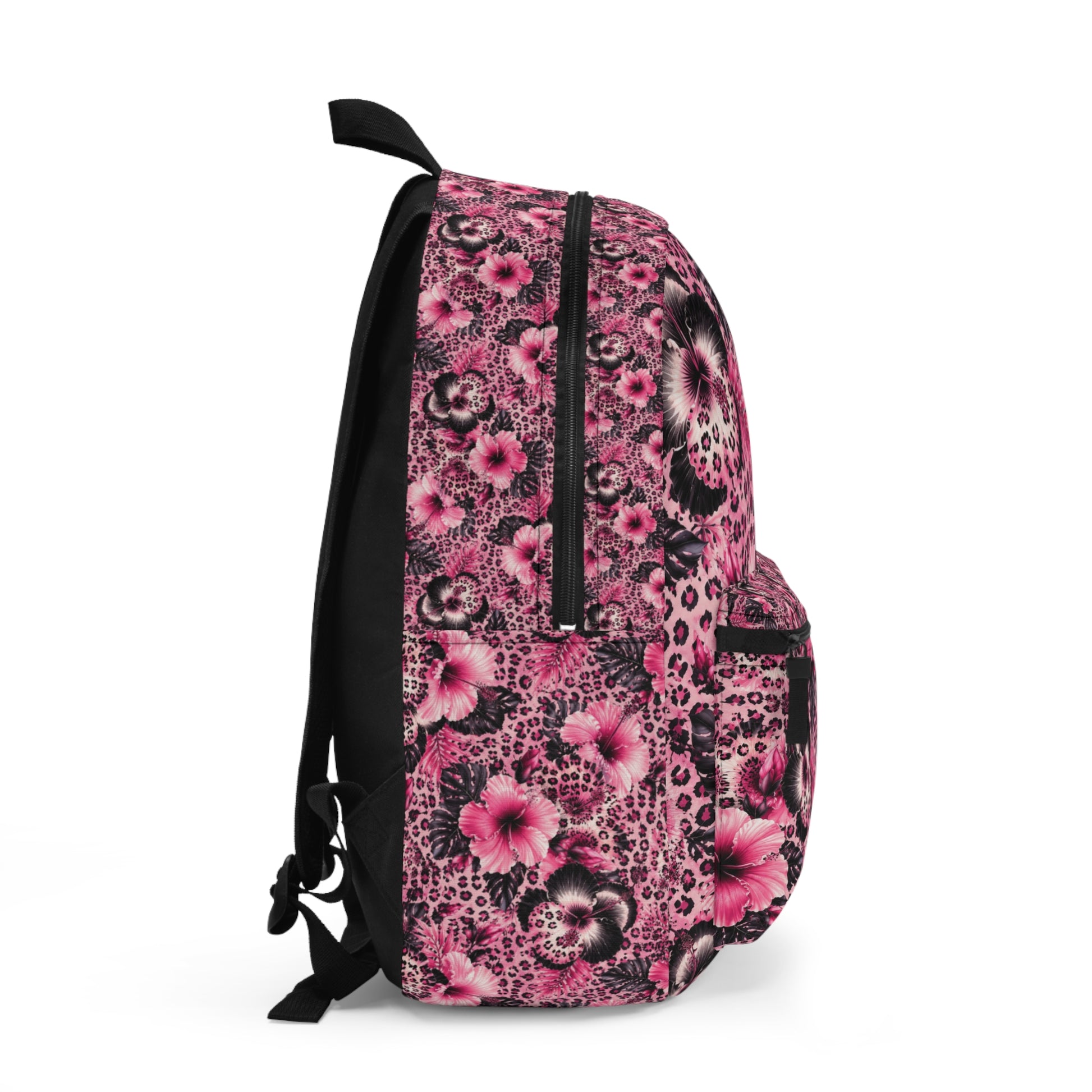 Pink backpack with hibiscus flowers and leopard print pattern.