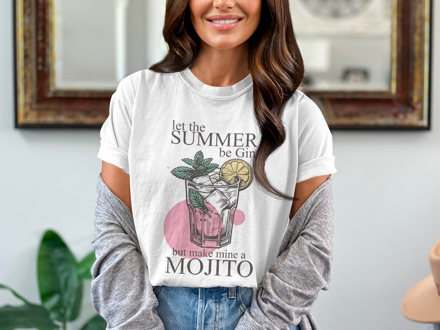T-shirt with "let the SUMMER be Gin but make mine a MOJITO" and a cocktail illustration.