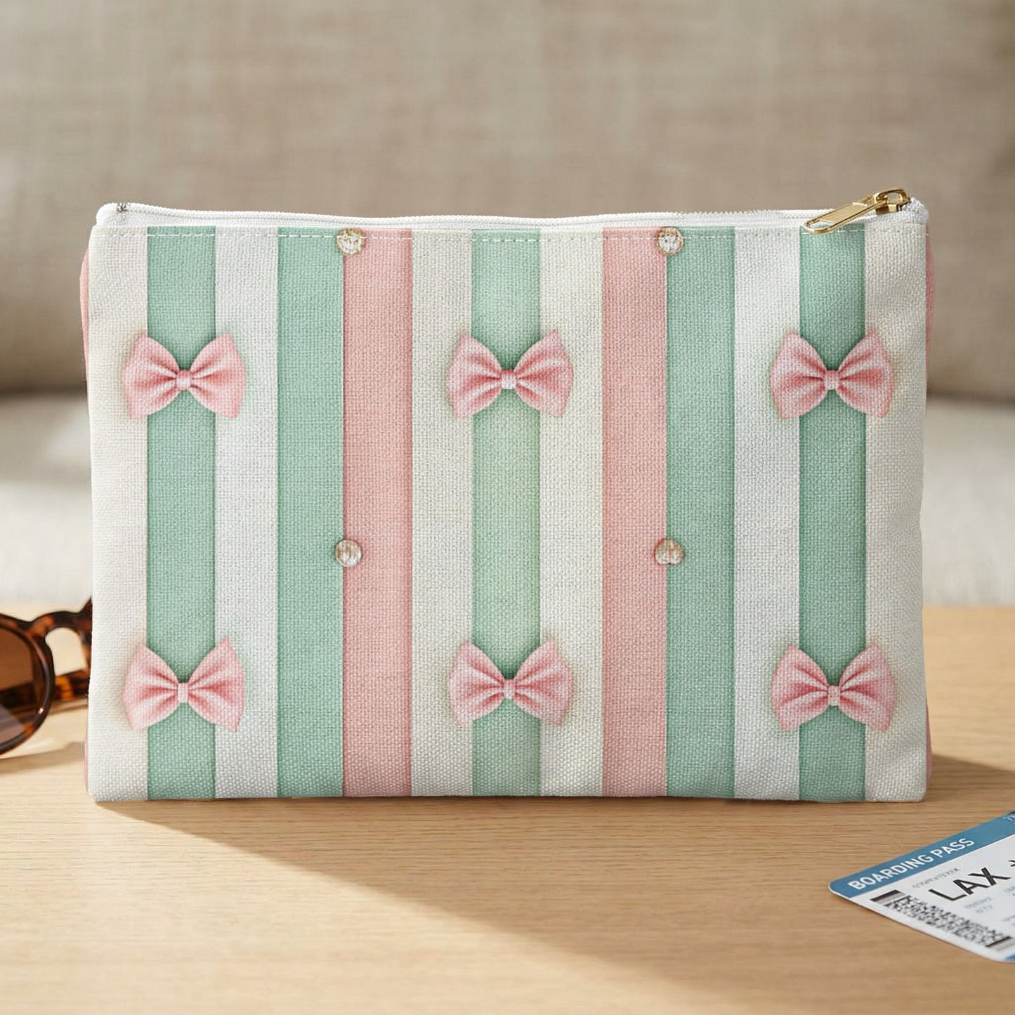 Striped makeup bag with pink bows on a wooden surface with sunglasses and boarding pass.