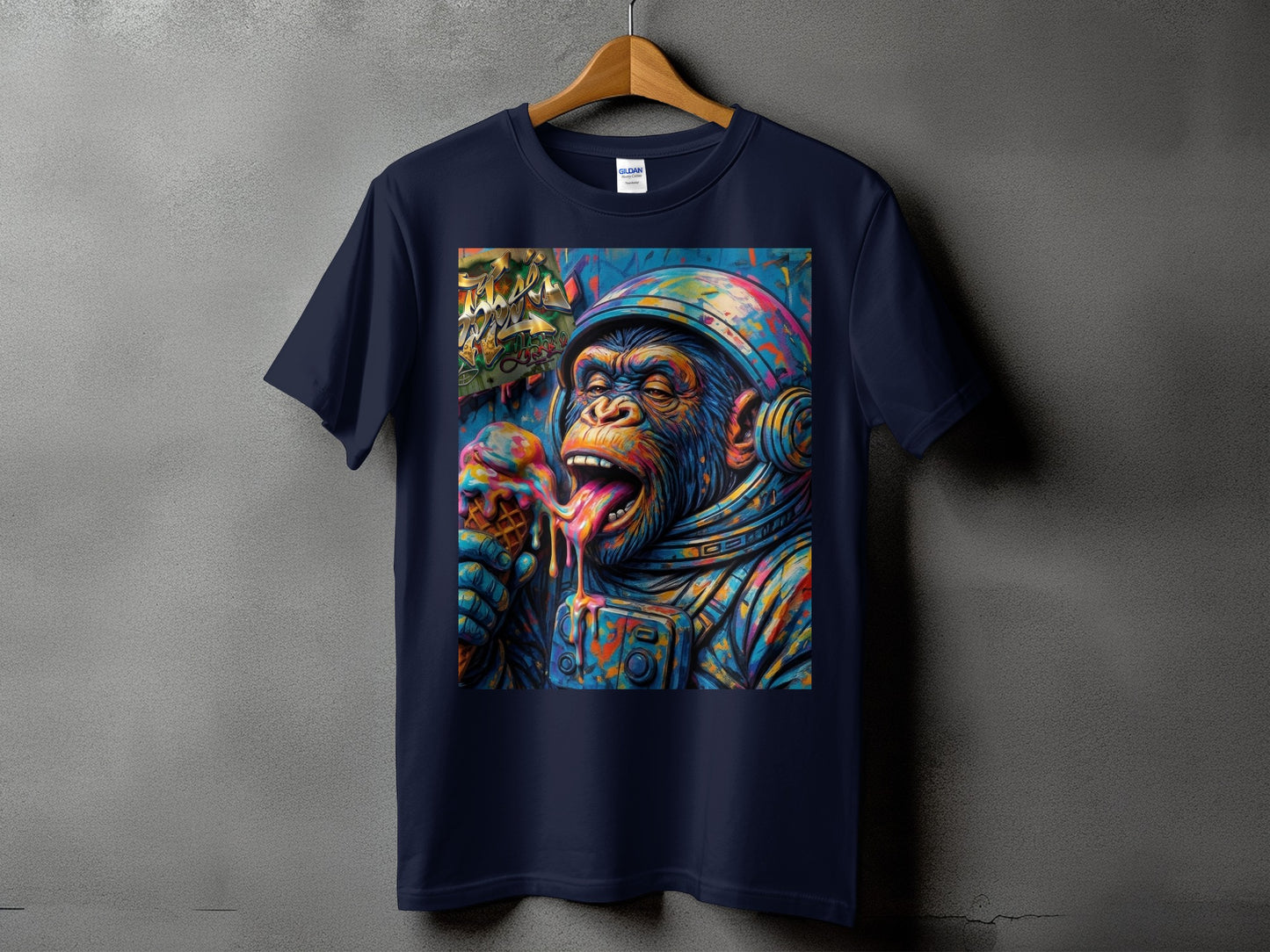 Astronaut chimpanzee in colorful space suit eating dripping ice cream cone.