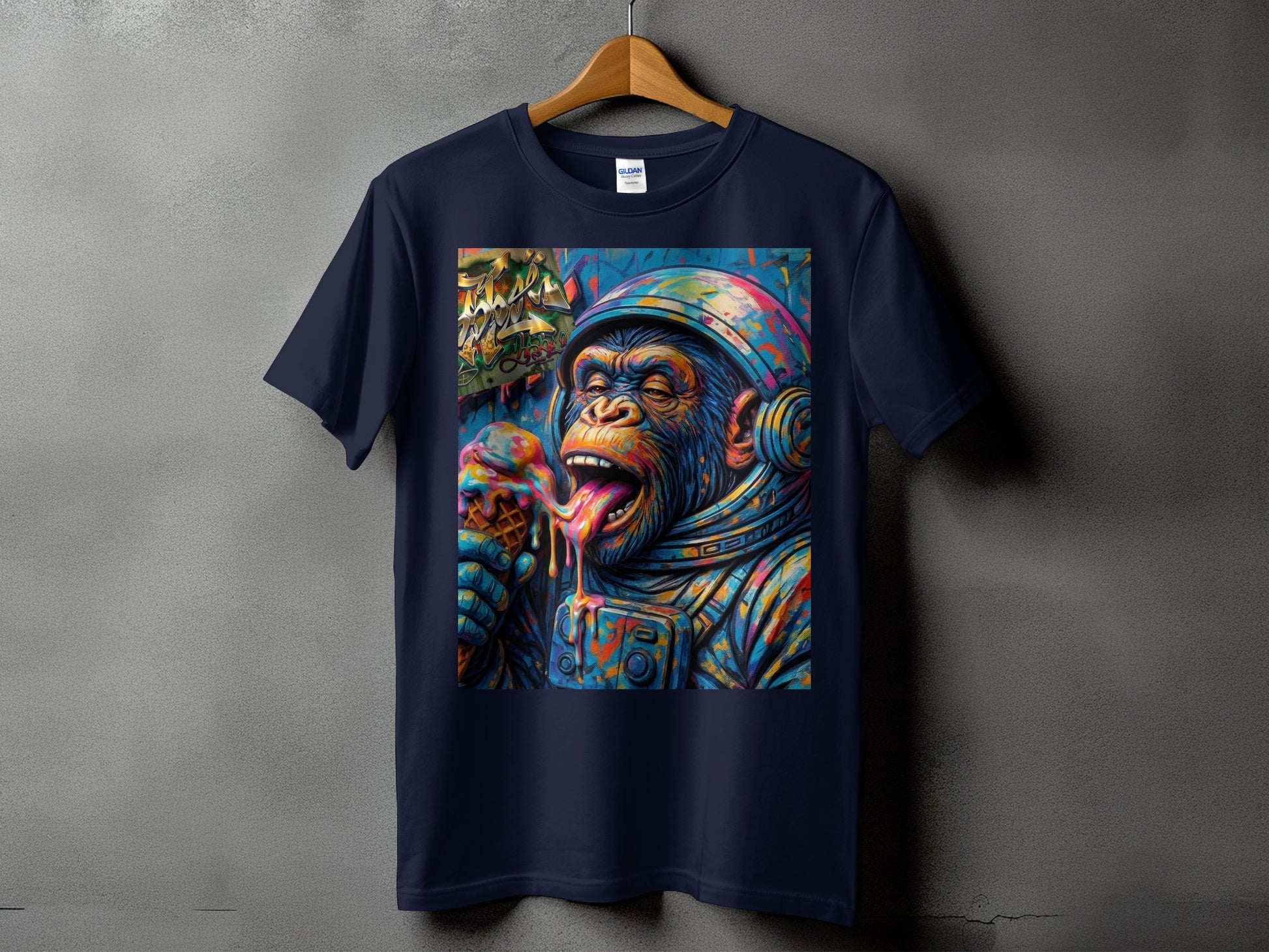 Astronaut chimpanzee in colorful space suit eating dripping ice cream cone.