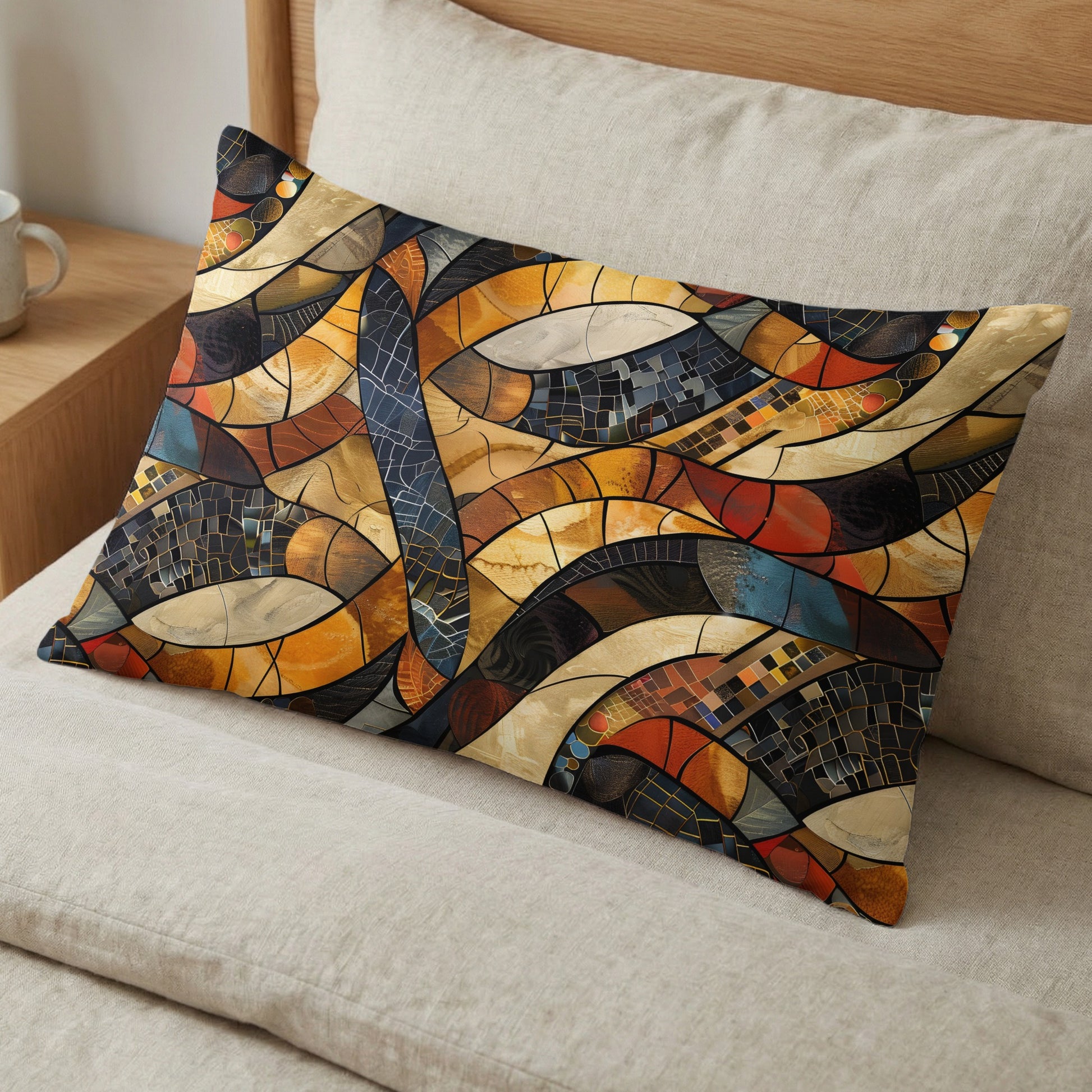 Rectangular pillow with abstract stained-glass design in warm colors.