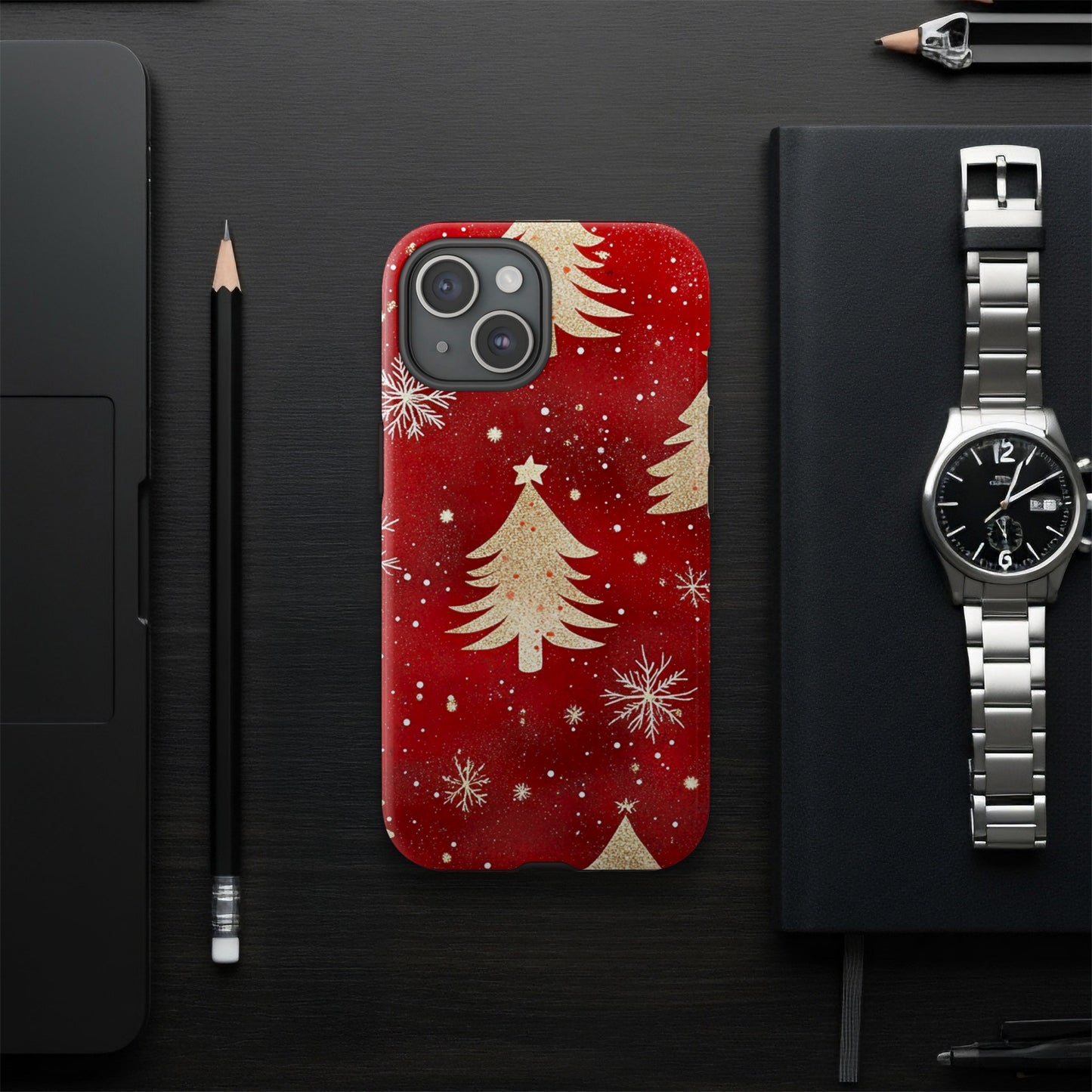 Festive Red Phone Case with Gold Christmas Trees