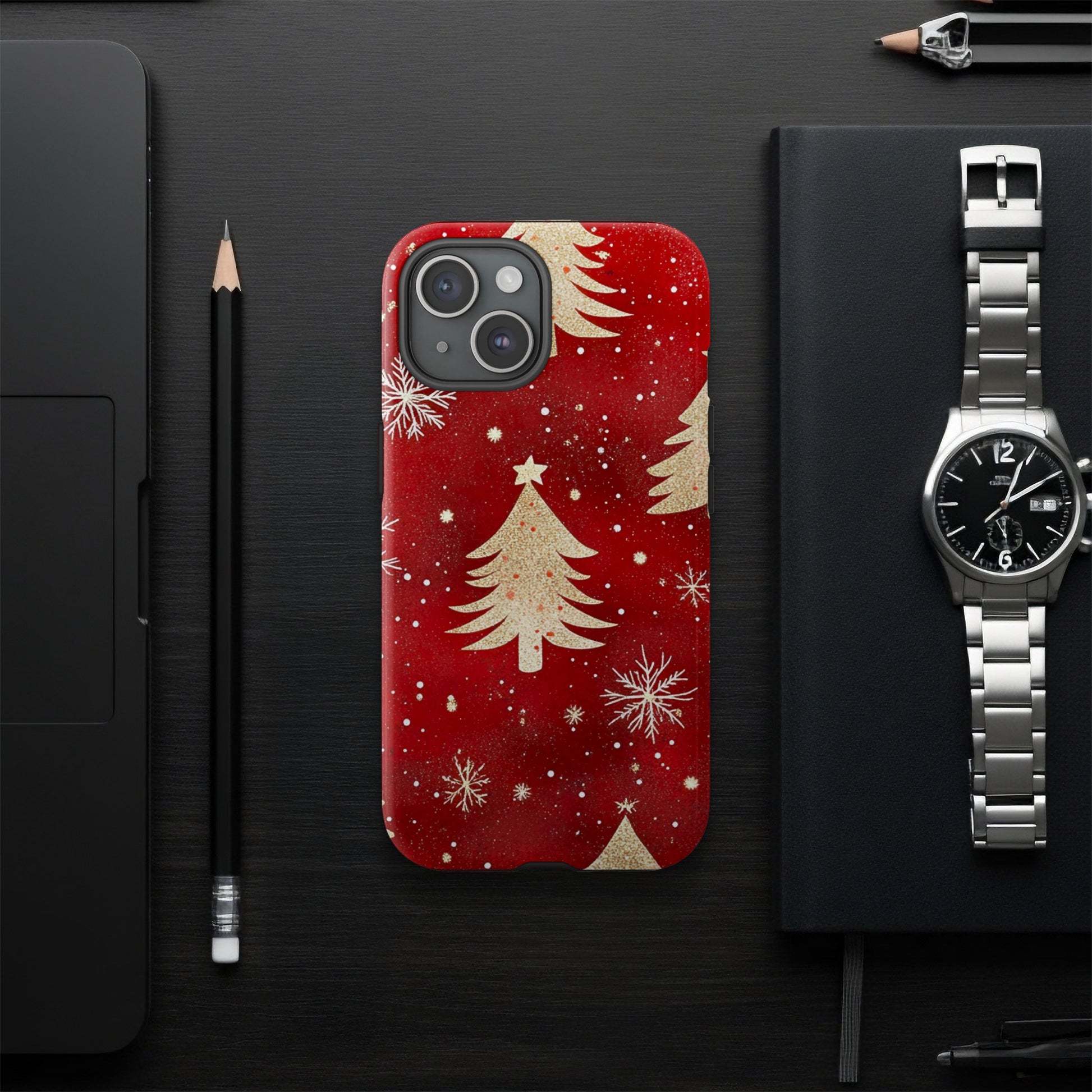 Festive Red Phone Case with Gold Christmas Trees