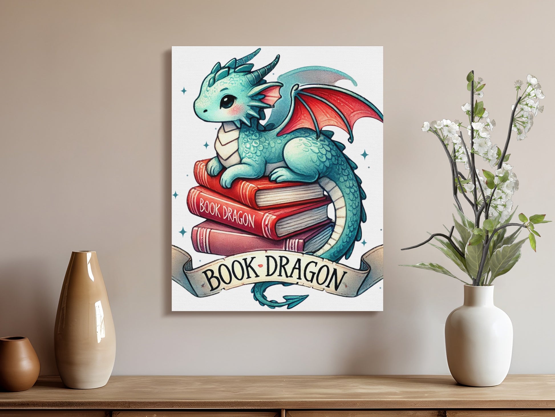 Charming Baby Dragon on Books Wall Art product