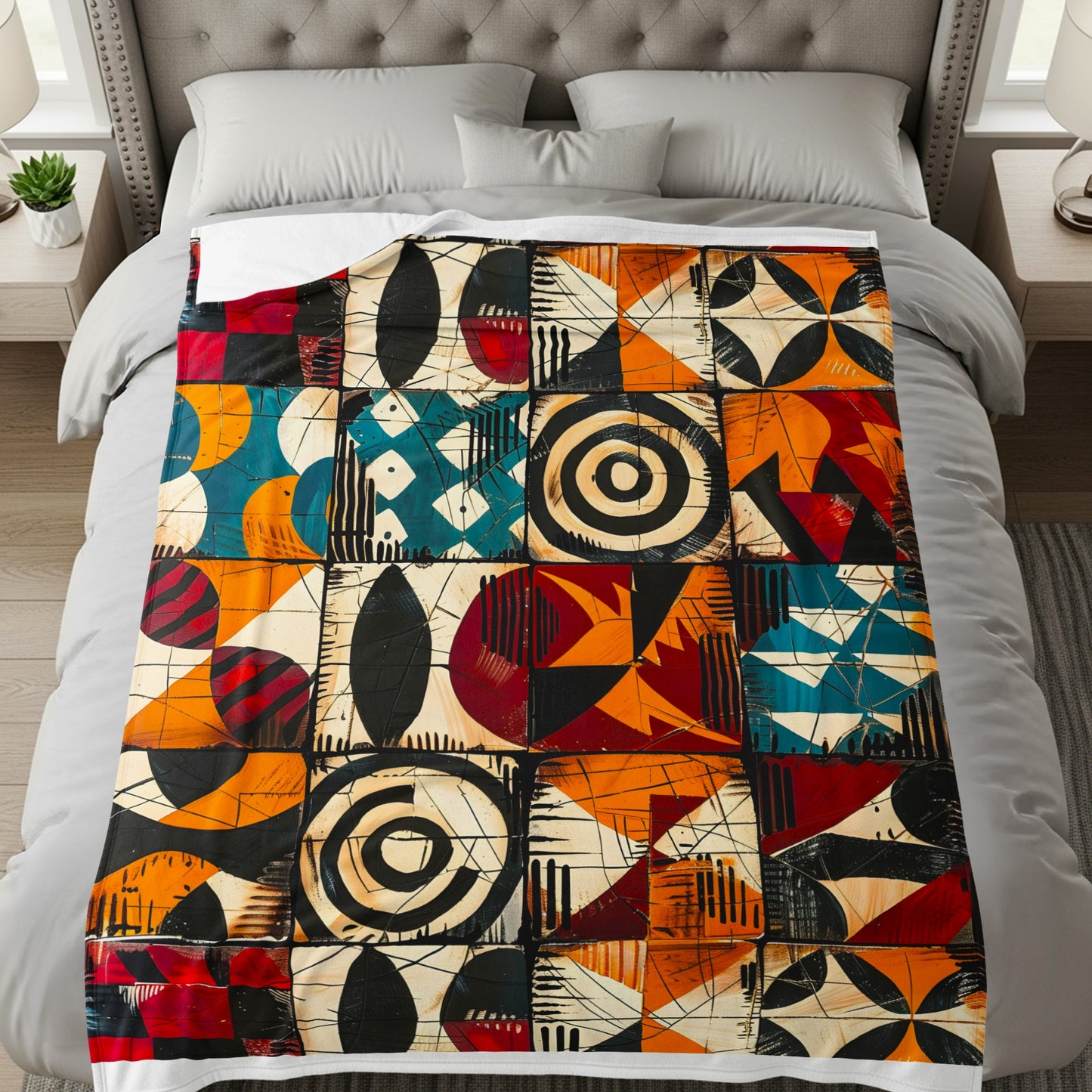 Bed blanket with a colorful abstract pattern of squares and geometric shapes.