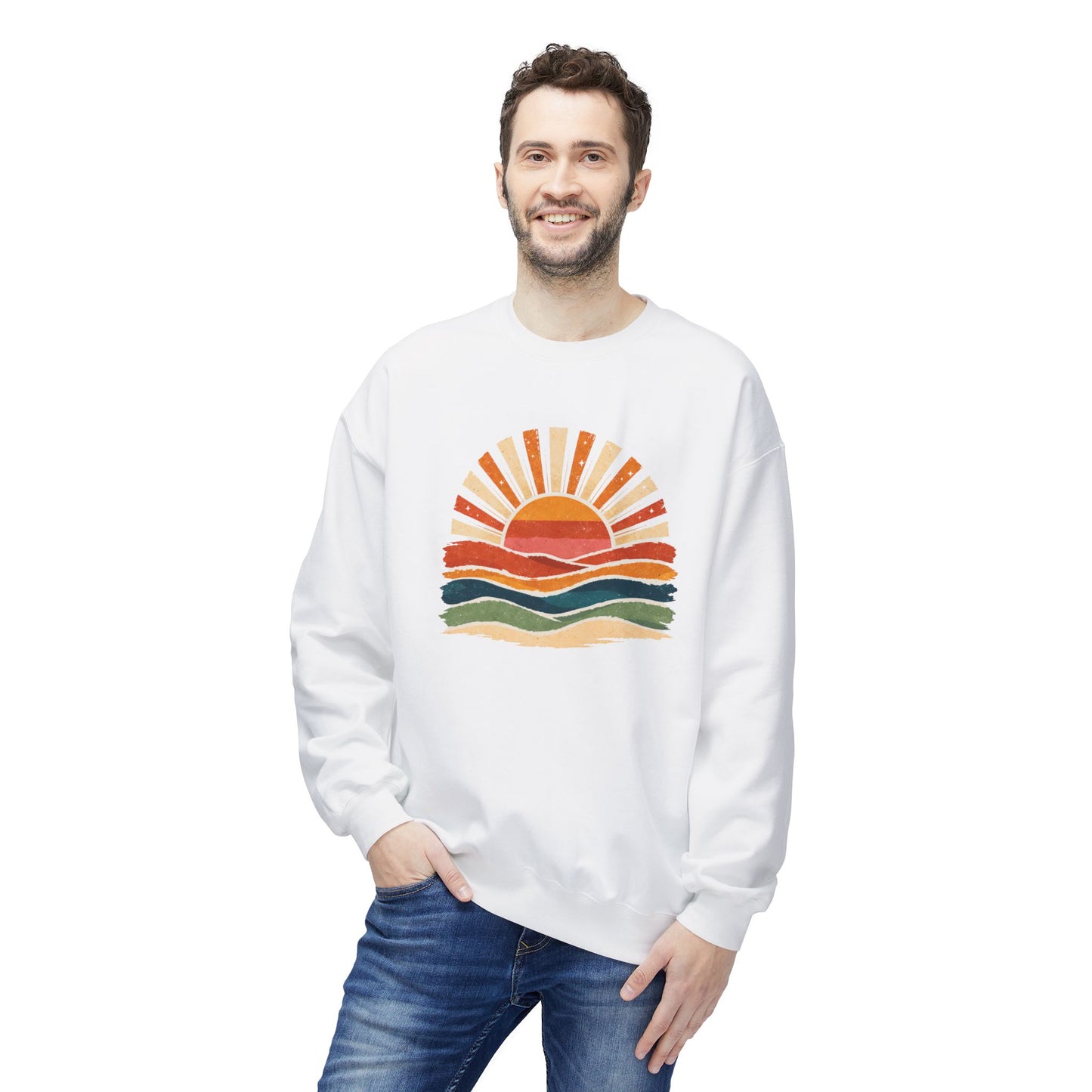 White sweatshirt with colorful retro sunset and wave graphic.