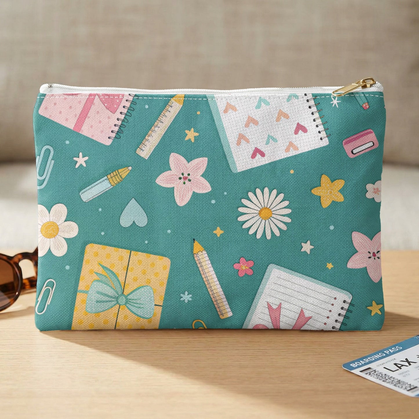 Teal pouch with school supply and gift pattern, featuring a boarding pass.
